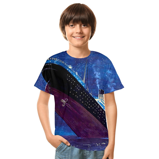 Boys' Nautical Adventure Tee, 3D Graphic Full Print Cruise Ship Crew T-Shirt for Ages 8-16 Teenager Kids, Ideal for Daily Wear and Ocean Themed Party Birthday Short Sleeve Blue Tops XS