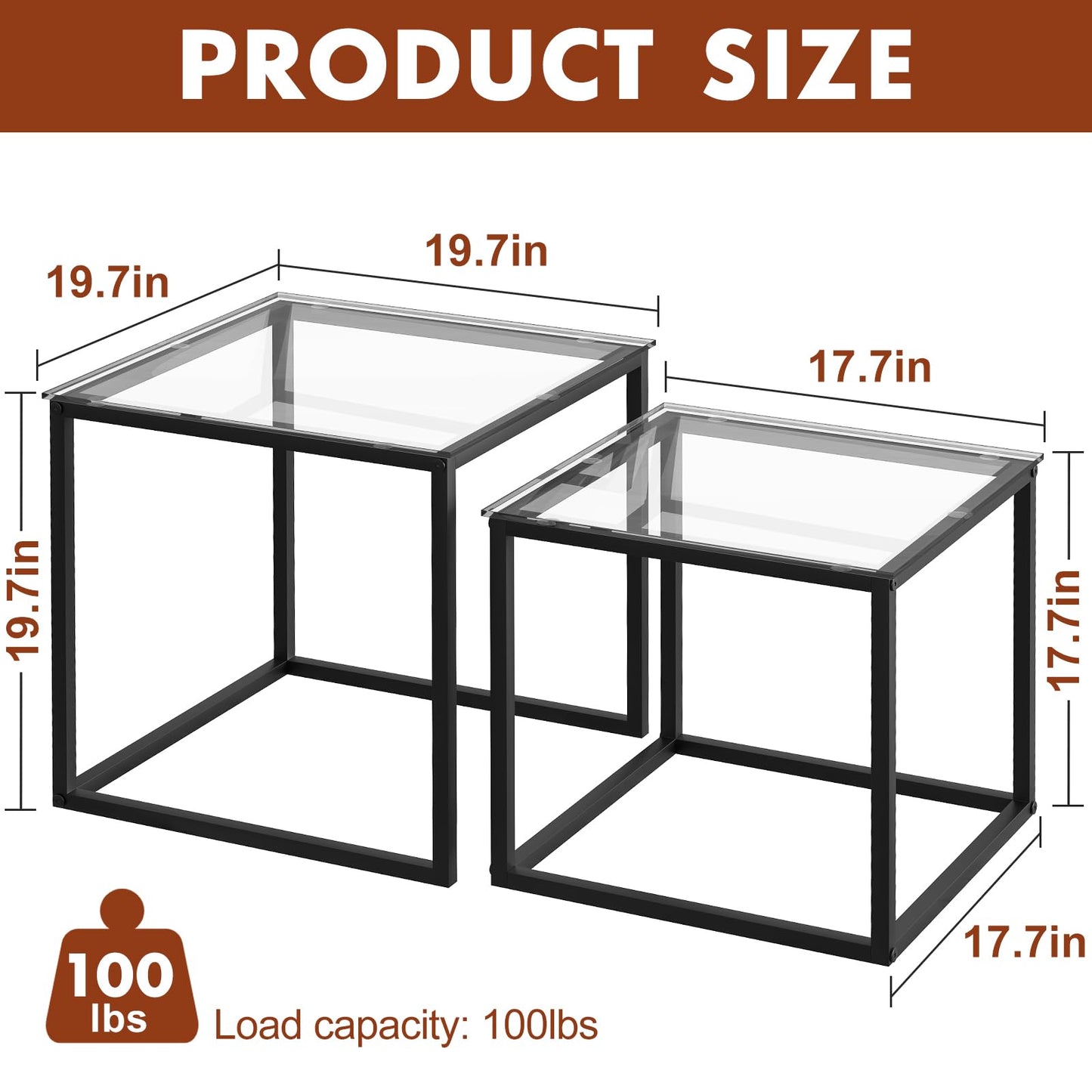 VILAWLENCE Coffee Table Set of 2, Modern Black Glass Side Table, Metal Frame Square End Table, Center Tables,Nesting Coffee Table for Living Room,Bedroom and Small Spaces