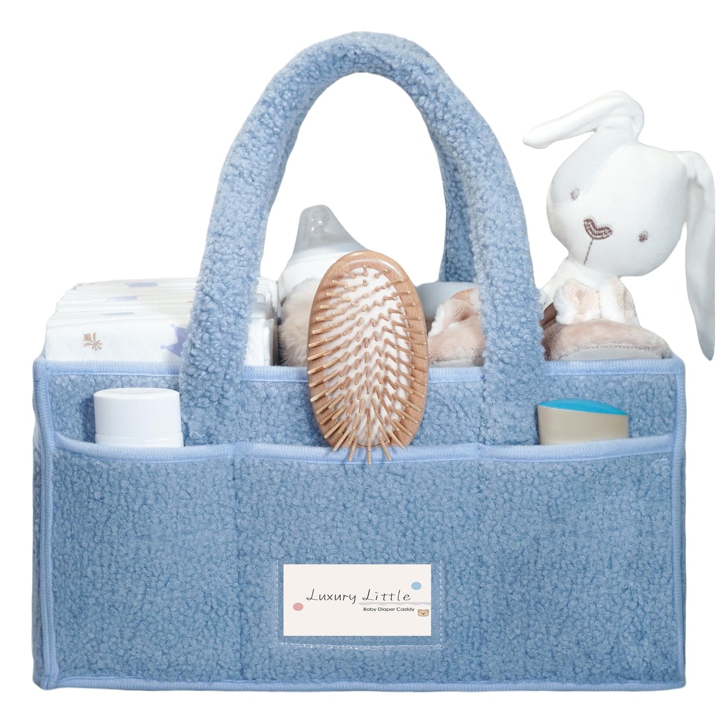 luxury little Diaper Caddy Organizer, Large Cotton Rope Nursery Baby Basket, Changing Table Organizer for Baby Diaper Storage, Portable Car Organizer with Removable Divider (Blue)