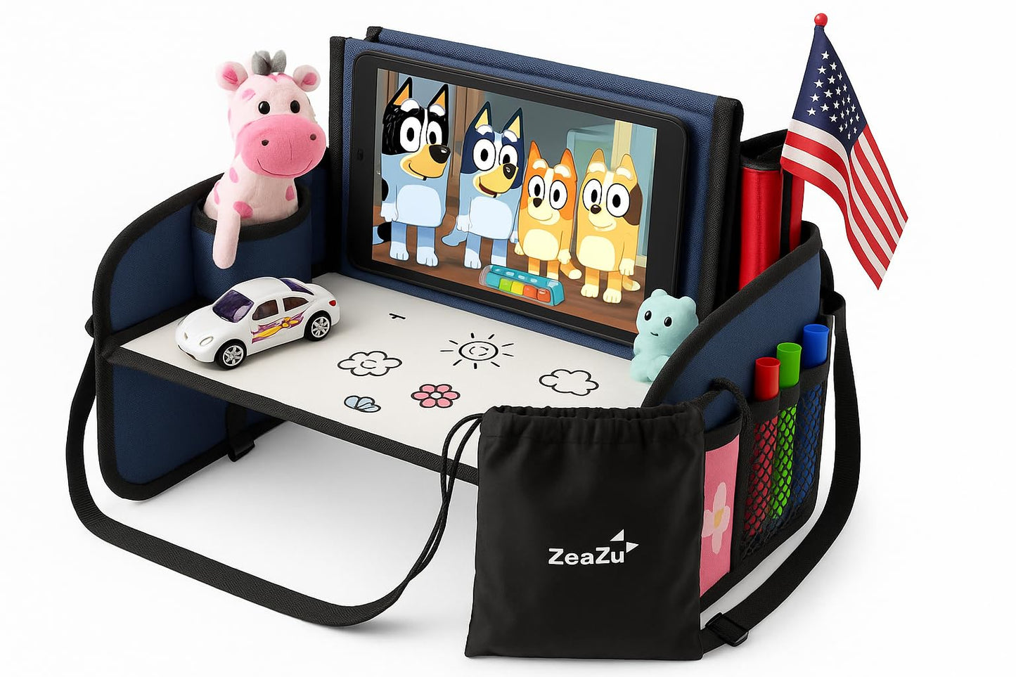 Kids Travel Tray - Foldable Toddler Lap Desk with Dry Erase Board, Car Seat Tray for Toddler, Waterproof Lap Tray for Airplane Kids Travel Essentials for Road Trip Activities, Silver