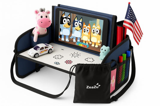 Kids Travel Tray - Foldable Toddler Lap Desk with Dry Erase Board, Car Seat Tray for Toddler, Waterproof Lap Tray for Airplane Kids Travel Essentials for Road Trip Activities, Silver