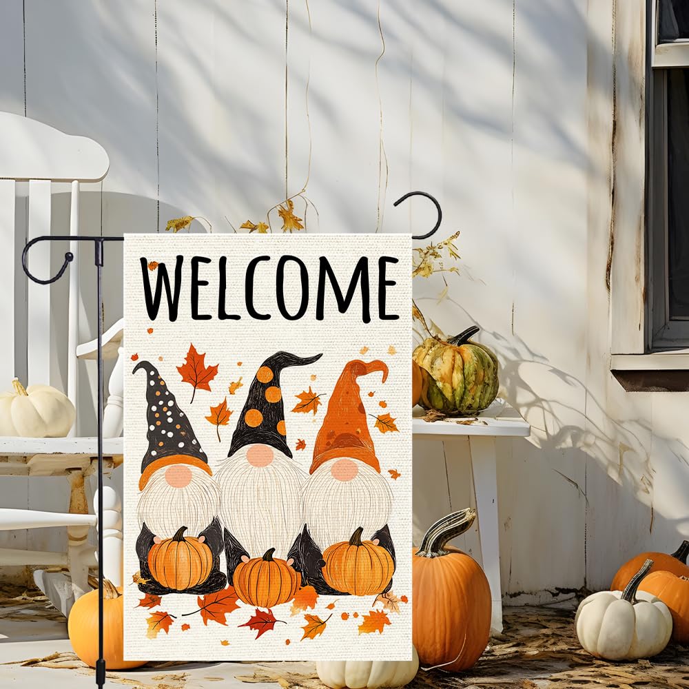 Polka Dots Gnome Garden Flags Welcome Fall Pumpkin Garden Flag 12x18 Inch Double Sided Burlap Autumn Holiday Maple Leaf Yard Outside Patio Lawn Decorations