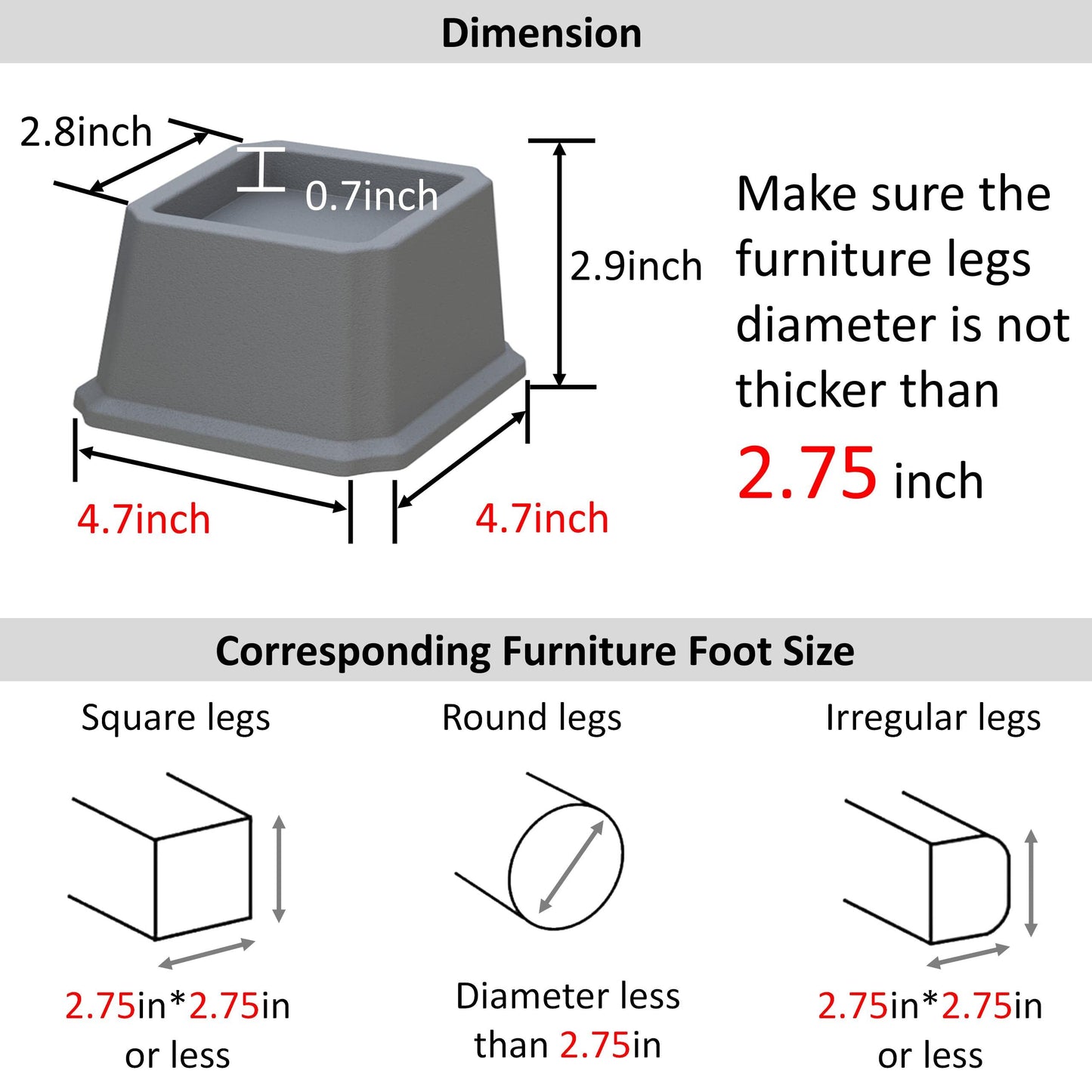 Whynonap Bed Risers 2 Inch Heavy Duty Bed Elevators, Set of 6 Lifts Up 2000 lbs Furniture Riser for Sofa and Table, Gray