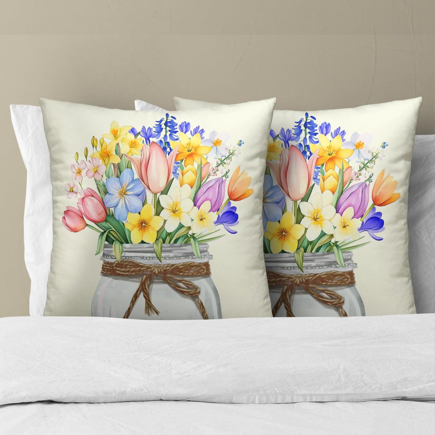 Easter Flowers Throw Pillow Covers 18x18 Set of 2, Spring Tulip Lavender Floral Mason Jar Square Pillowcases Cotton Cushion Cover Decoration for Couch Sofa Living Room Bedroom Home