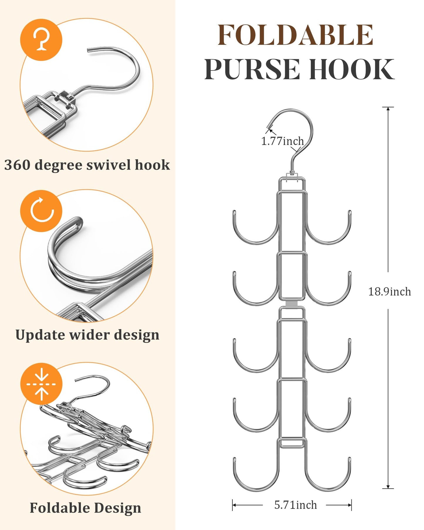 Purse Hanger for Closet, 360 Degree Purse Organizer with 10 Hooks Bag Handbag Hanger Hooks for Purse Hanging, Durable Purse Display Rack Space-Saving Bag Organizer for Women