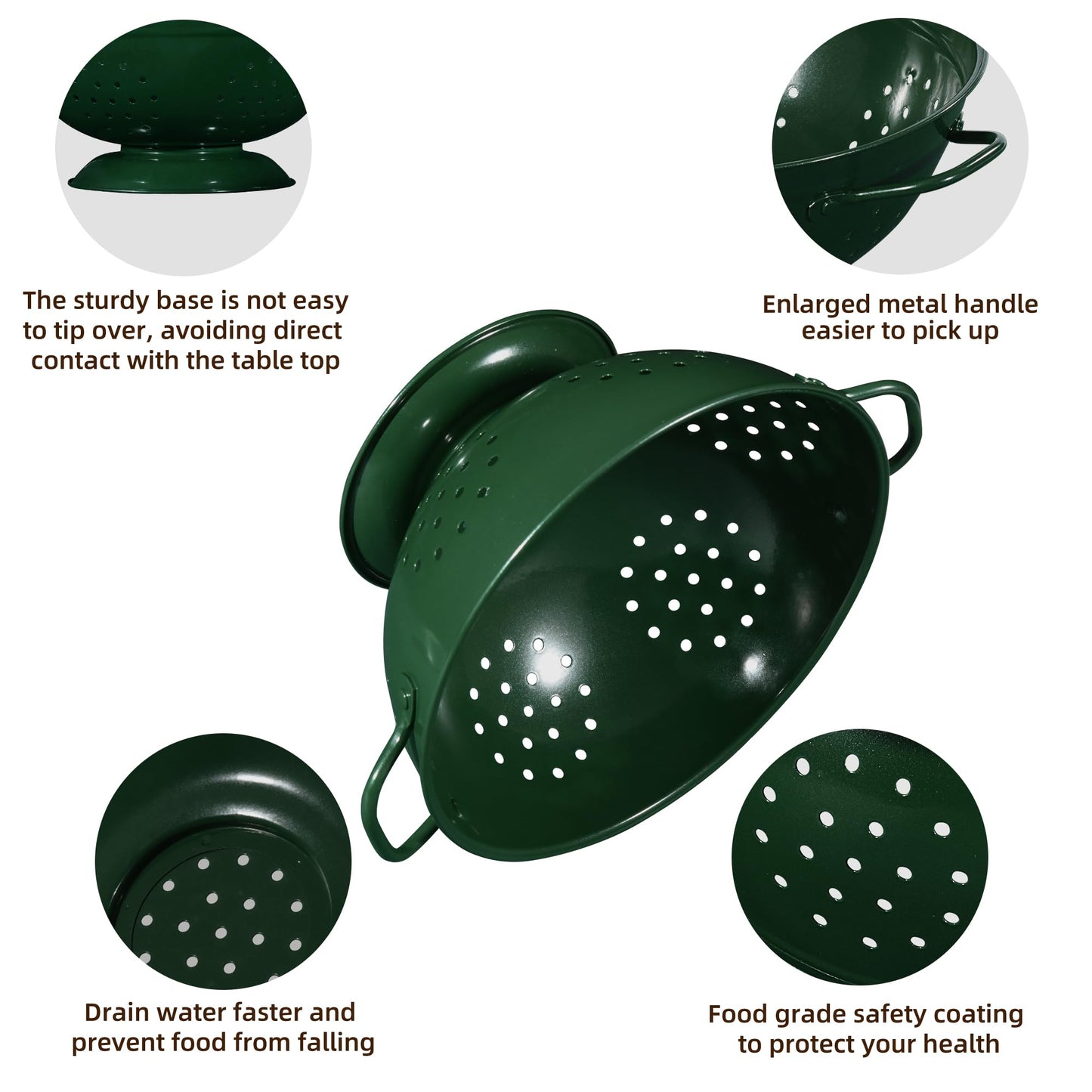 Metal Colander Set of 3, Strainer Basket with Handles perfect for Spaghetti, Pasta, Berry, Vegetable, Fruit, Solid Base Powder Coated Kitchen Essential Strainer Set, 1 & 3.5 & 5 Qt (Dark Green)