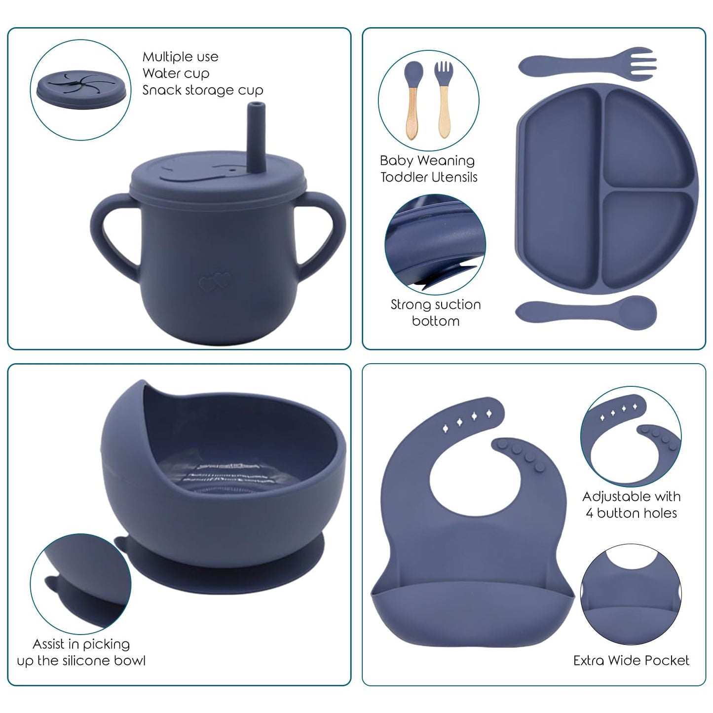 Dormlony 100% Silicone Baby Feeding Set,BPA Free Baby Dishes Set with Suction Bowl Divided Plate,Toddler Self Feeding Dish Set with Spoons Forks Sippy Cup and Bib, Baby Eating Utensils (Navy Blue)