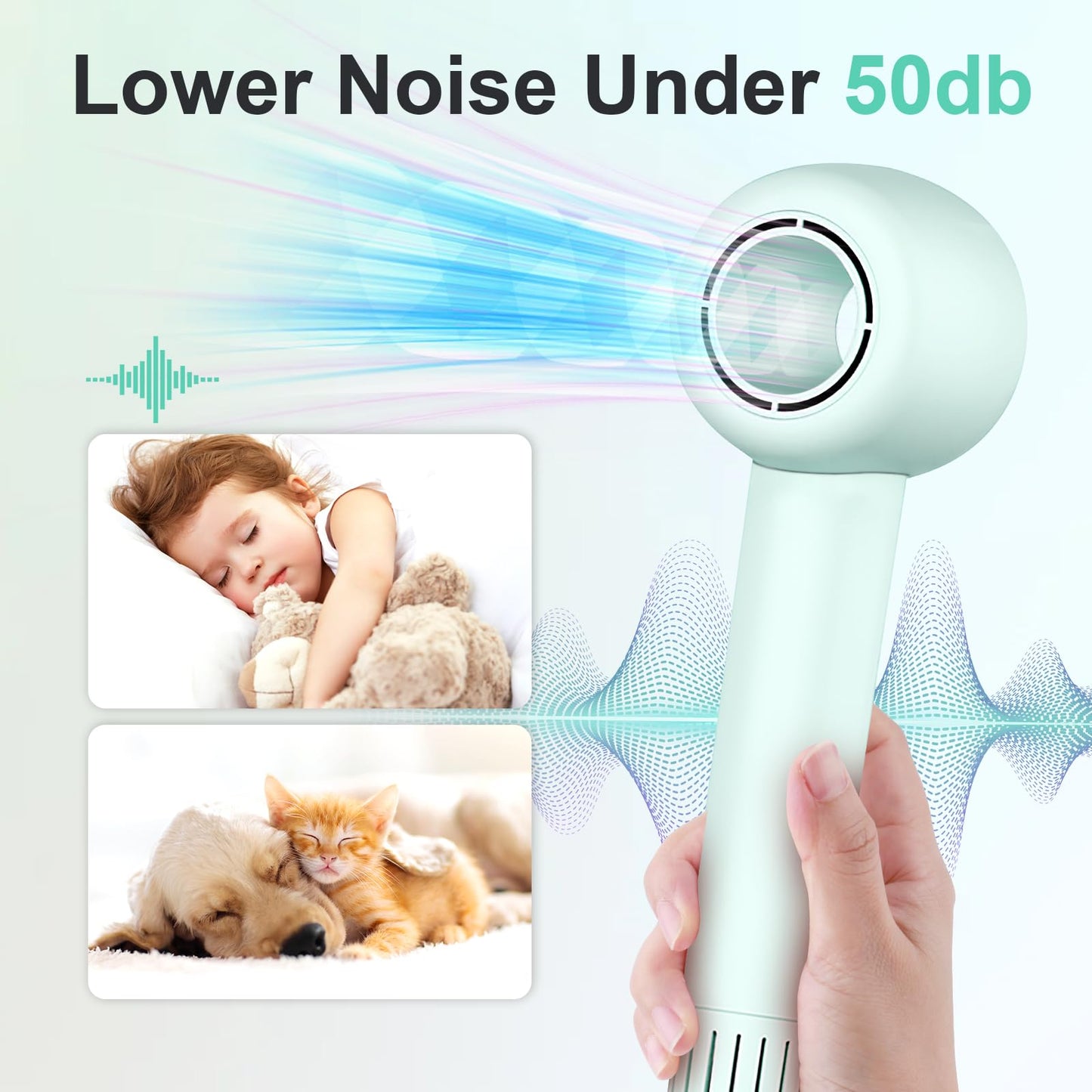 160000 RPM High Speed Hairdryer, Brushless Motor, 500 Million Negative Ionic Blow Dryer, Travel Fast Drying Hairdryer, Low Noise, Lightweight, Quiet Blowdryer with Nozzle, Home Use, Mint Green