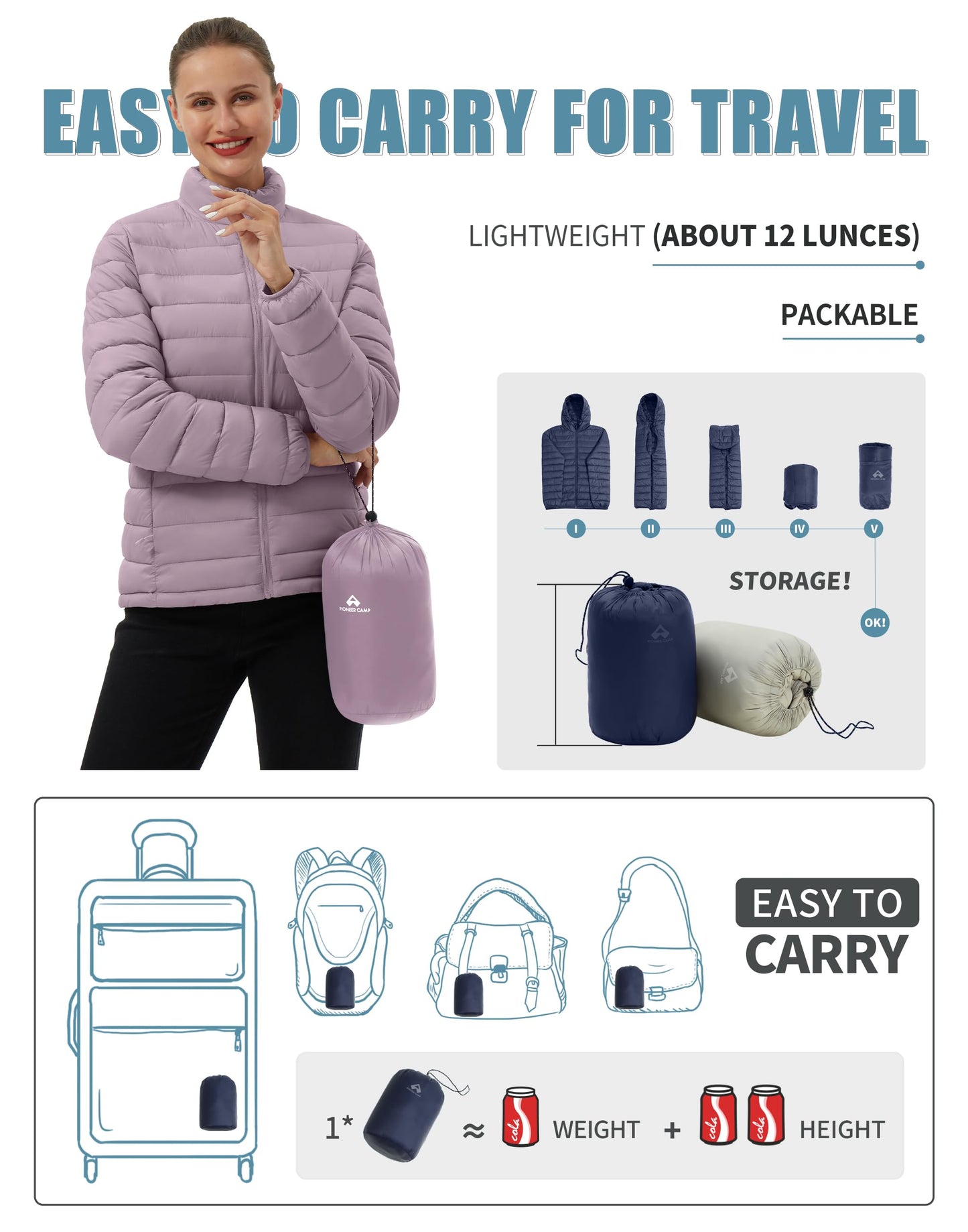 Pioneer Camp Women's Packable Puffer Jacket Winter Lightweight Quilted Coat Water-Repellent Insulated Thermal Warm Outerwear