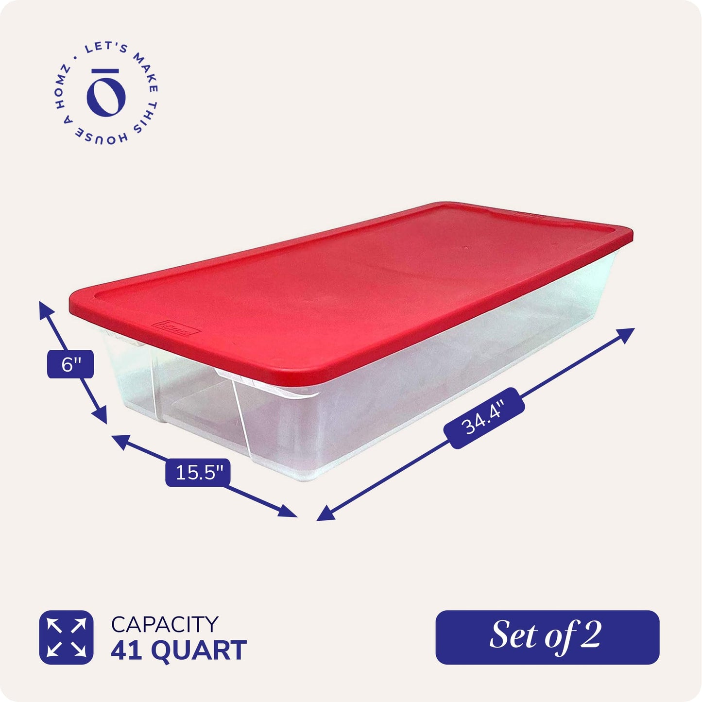 HOMZ 2-Pack Holiday Tote, Clear Plastic Storage Organizer Bins with Lids, 41 Quart, Red - Stackable Organizing Containers for Christmas Ornament Decorations, Gift Wraps, and Crafts