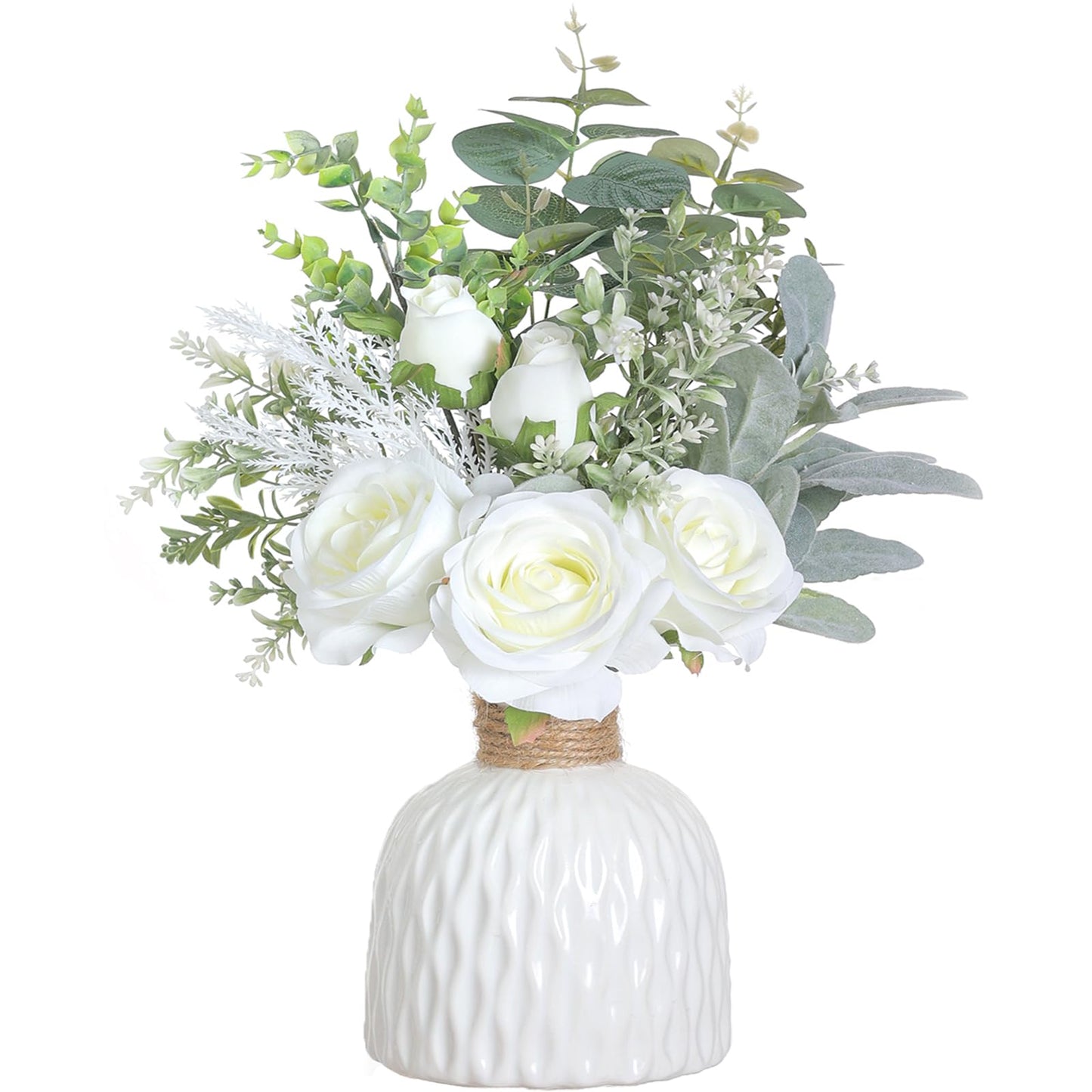 FOTEEWL Artificial Flowers with Ceramic Vase,Faux Silk Roses and Fake Plant Eucalyptus in Vase for Centerpiece Table Decorations, Living Room,Dining Table,Fireplace,Office,Farmhouse,Home Decor(White)