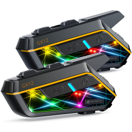 gearelec Helmet Bluetooth Intercom 【Multitasking Audio】【Mesh Intercom】, 10 Riders 2000M Motorcycle Communicaiton Systems，Motorcycle Bluetooth Headset with HiFi Sound/RGB Light/Music Sharing, 2 Pack