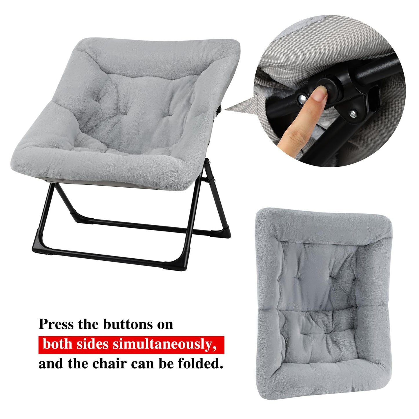 Mordchil HF Folding Saucer Chair, Comfy Faux-Fur Reading Chair, Foldable Accent Chair for Teens, Adults, Oversized Lazy Chair, Large Lounge Chair for Living Room, Bedroom, Dorm, Grey