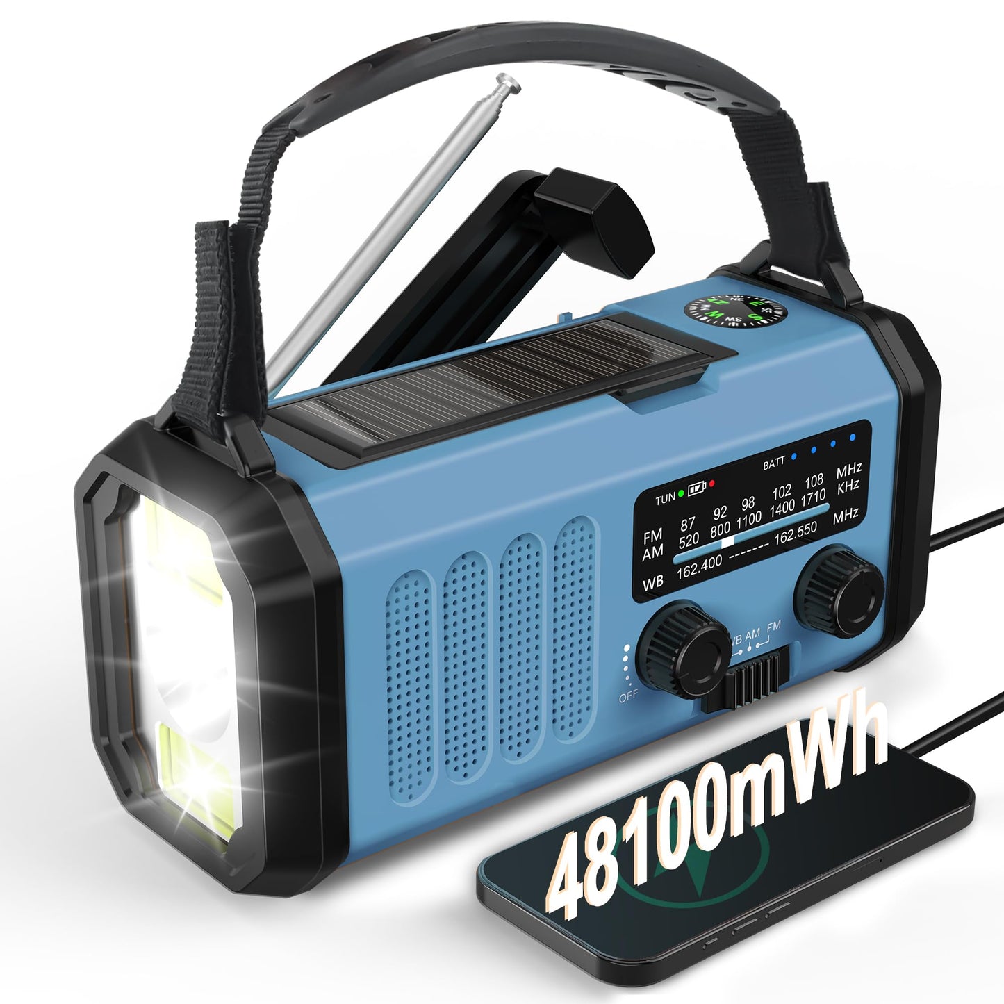 Emergency Radio, Solar Hand Crank AM FM NOAA Weather Radio,Portable Dynamo Survival Radio,Super Bright Crank Flashlight,Reading Lamp,Compass,SOS for Home Hurricane Storm Outdoor Camping Emergency Kit