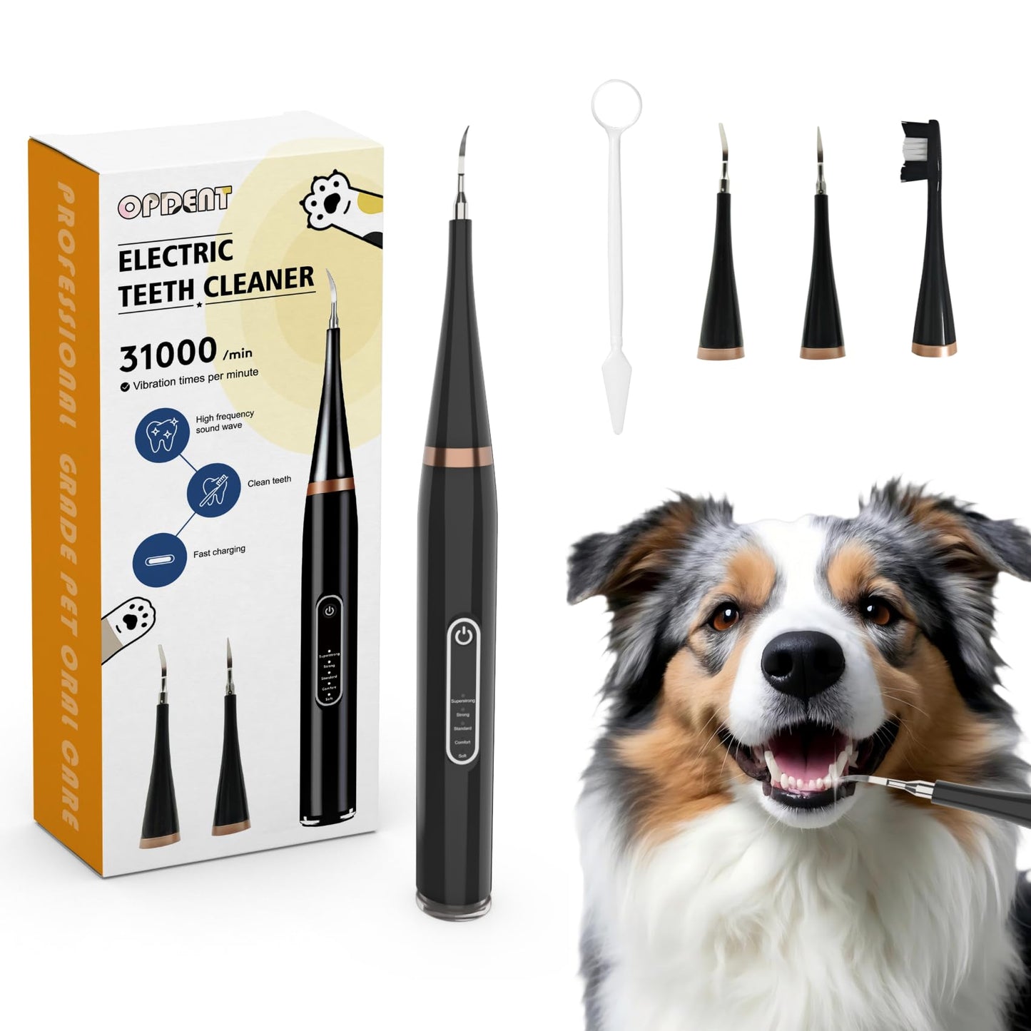 Opdent Dog Plaque and Tartar Remover - Dog Tooth Brushing Kit with LED Light, Electric Toothbrush for Dogs,5 Adjustable Mode& 3 Cleaning Head, Plaque Remover for Teeth Stains for Dogs and Cats