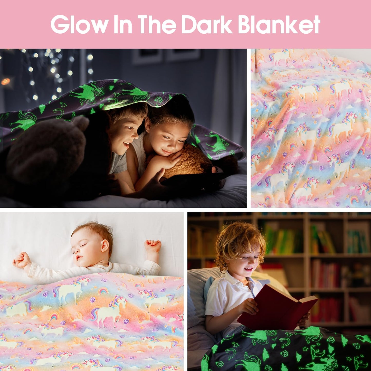 KIRMIKU Glow in The Dark Blanket Unicorns Gifts for Kids, Soft Unicorns Blanket Gift Toys for Toddler Girls Age 2-16 Birthday Christmas 50""x60"", A0003