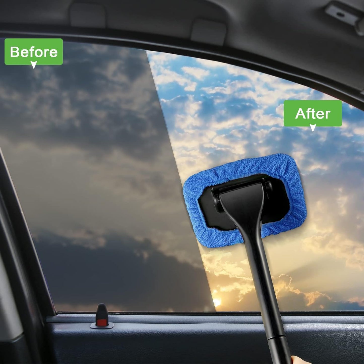 Car Windshield Cleaner Kit with Spray Bottle – Detachable Handle Auto Glass Cleaning Tool with 5 Reusable Microfiber Pads and 30ml Refillable Sprayer – Portable Interior Car Window & Mirror Washer