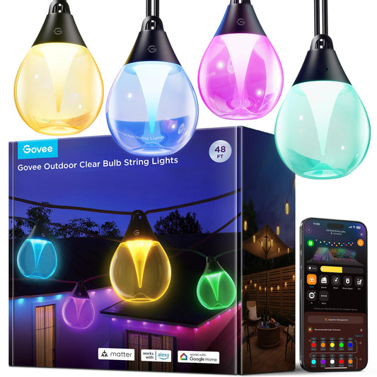 Govee Outdoor Clear Bulb String Lights, 48ft RGBWIC Outdoor Lights with 15 Dimmable Warm White LED Bulbs, 111 Scene Modes for Patio, Backyard, IP67 Waterproof, Works with Alexa, Google & Matter