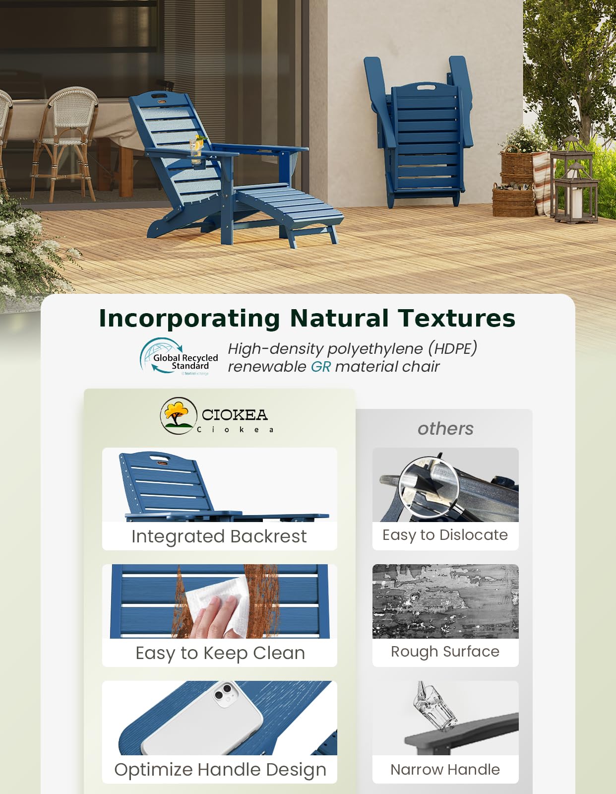 Ciokea Folding Adirondack Chair Set of 2 with Retractable Ottoman Fire Pit Patio Chair with Pull Out Foot Rest Weather Resistant Lawn Outdoor Chair with 2 Cup Holder (Navy Blue)