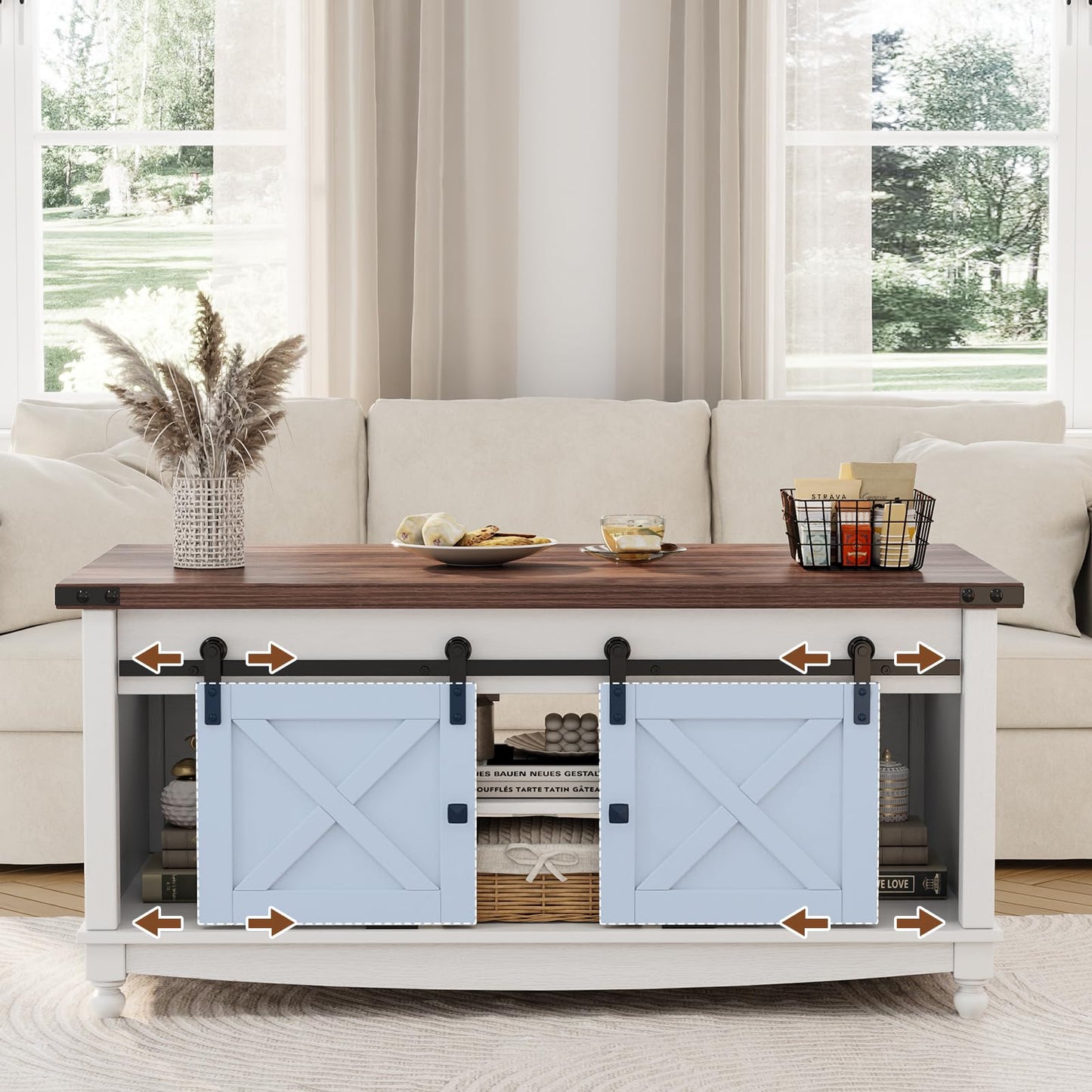 ALLSTAND 48" Farmhouse Lift Top Coffee Table with Storage Sliding Barn Door & Large Hidden Compartment, Coffee Table with Lifting Top with Wooden Lift Tabletop, Coffee Tables for Living Room, White