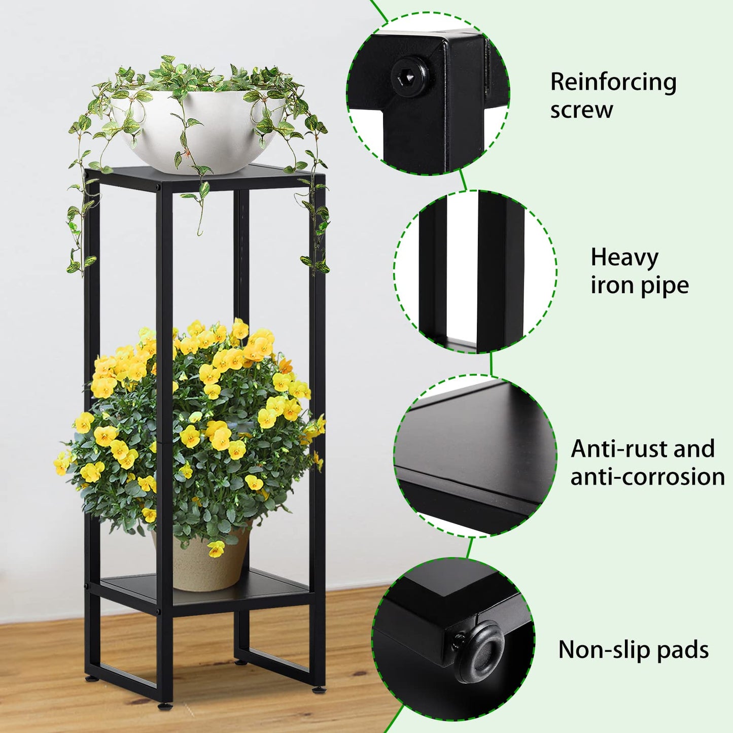 37.4" Tall Plant Stands Indoor, Plant Stand indoor Tall ,Plant Pedestal stand,Black Metal Plant Stands Indoor, 2- Tier Modern Corner Plant Stand Rack Shelves , Square Plant Tables for Corner Living