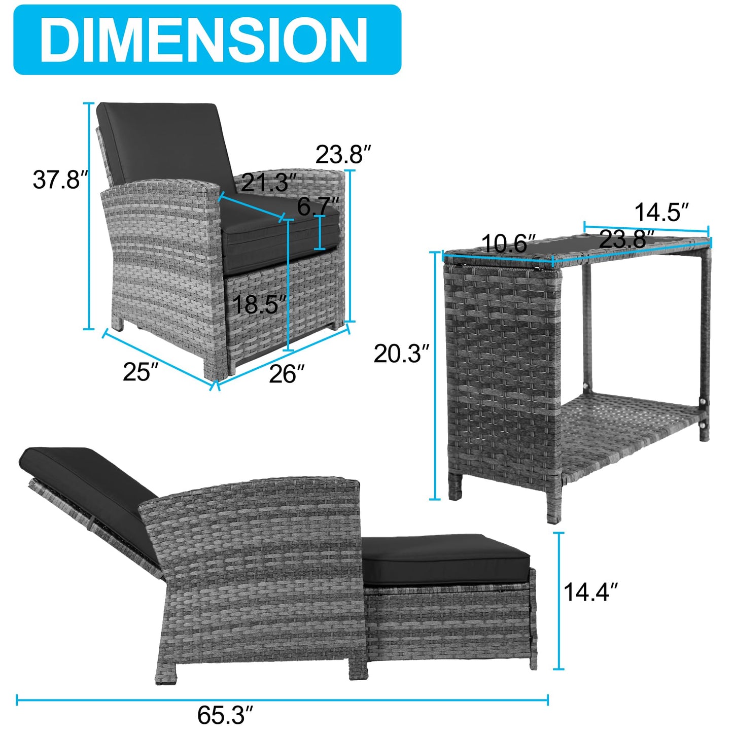 CIRMUBUY 5 Piece Outdoor Patio Furniture Set, Wicker Patio Conversation Set, Outdoor Lounge Chair with Ottomans and Coffee Table for Balcony Lawn Garden (Grey)