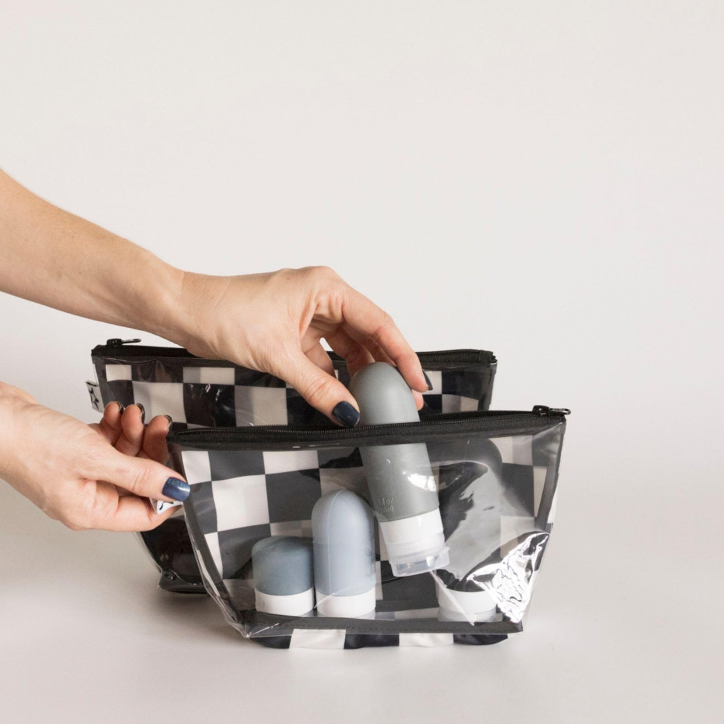 Tiny Twinkle Mess-proof Travel Bags, Airline Compliant, Zipper Closure, Clear Front Pouch, Diaper Bag Packing, Toiletry or Cosmetics Organizer 2 Pack Set (Black Checkers)