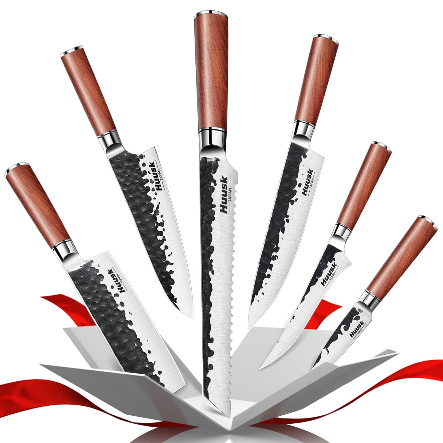 Huusk Japanese Chef Knife Set 6 pcs, Kitchen Knives with Hand-forged High Carbon Steel Blade, Sharp Cooking Knife Set with Ergonomic Wood Handle, Professional Kitchen Knife Set with Gift Box for Men