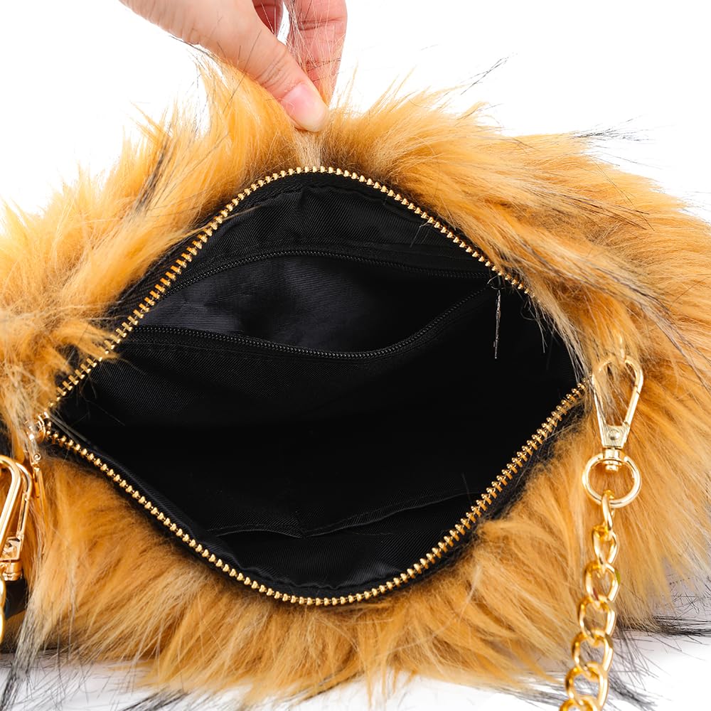 ZOSCGJMY Evening Faux Fur Handbags for Women Furry Fluffy Fuzzy Bags Purse Crossbody Shoulder Strap (Brown)