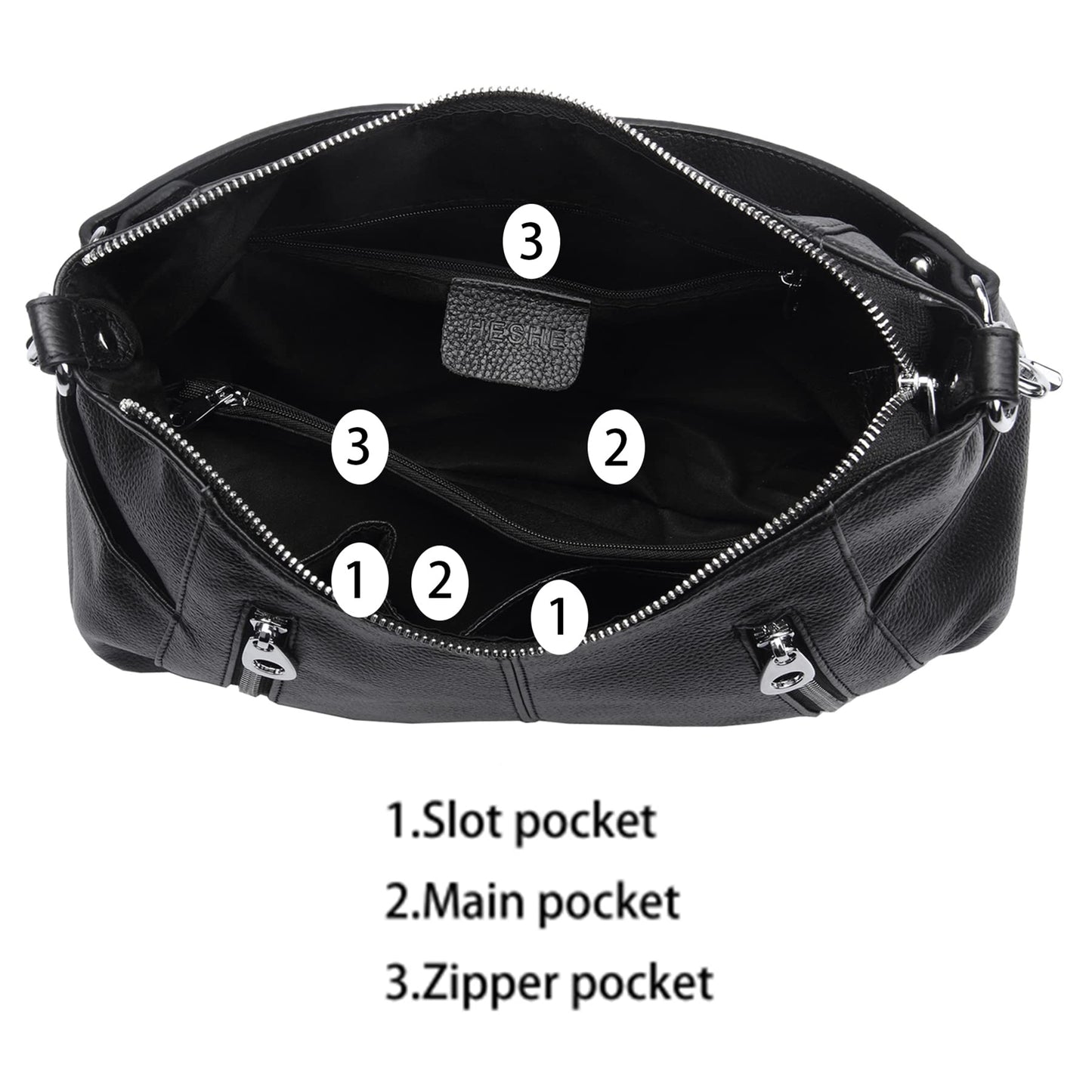 HESHE Genuine Leather Purses for Women Shoulder Hobo Bag Crossbody Satchel Handbags Designer Ladies Totes Purse(Black)