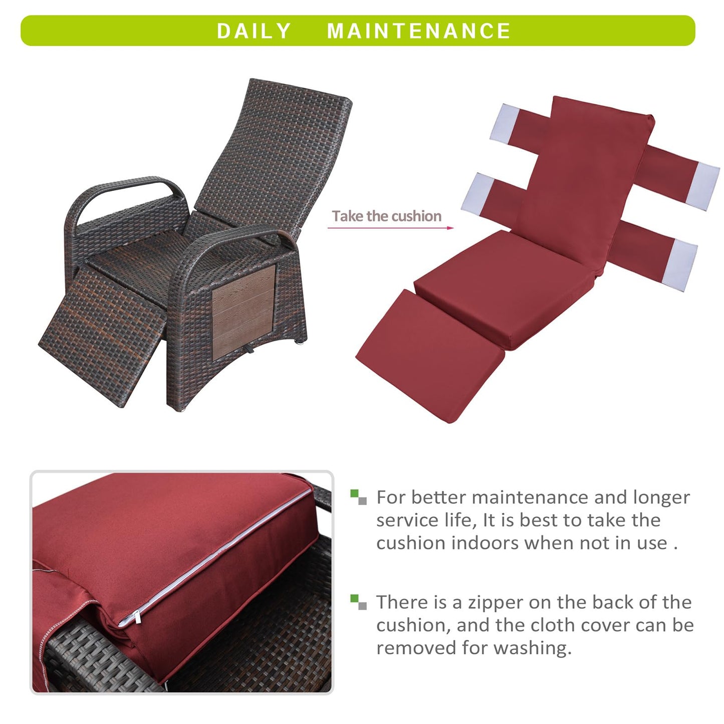 ATR ART TO REAL Outdoor Recliner Chairs, PE Wicker Reclining Lounge Chair with Removable Soft Cushion, Adjustable Outside Recliners for Patio, Porch, Poolside, Balcony, Lawn (Red, 2 PCS)