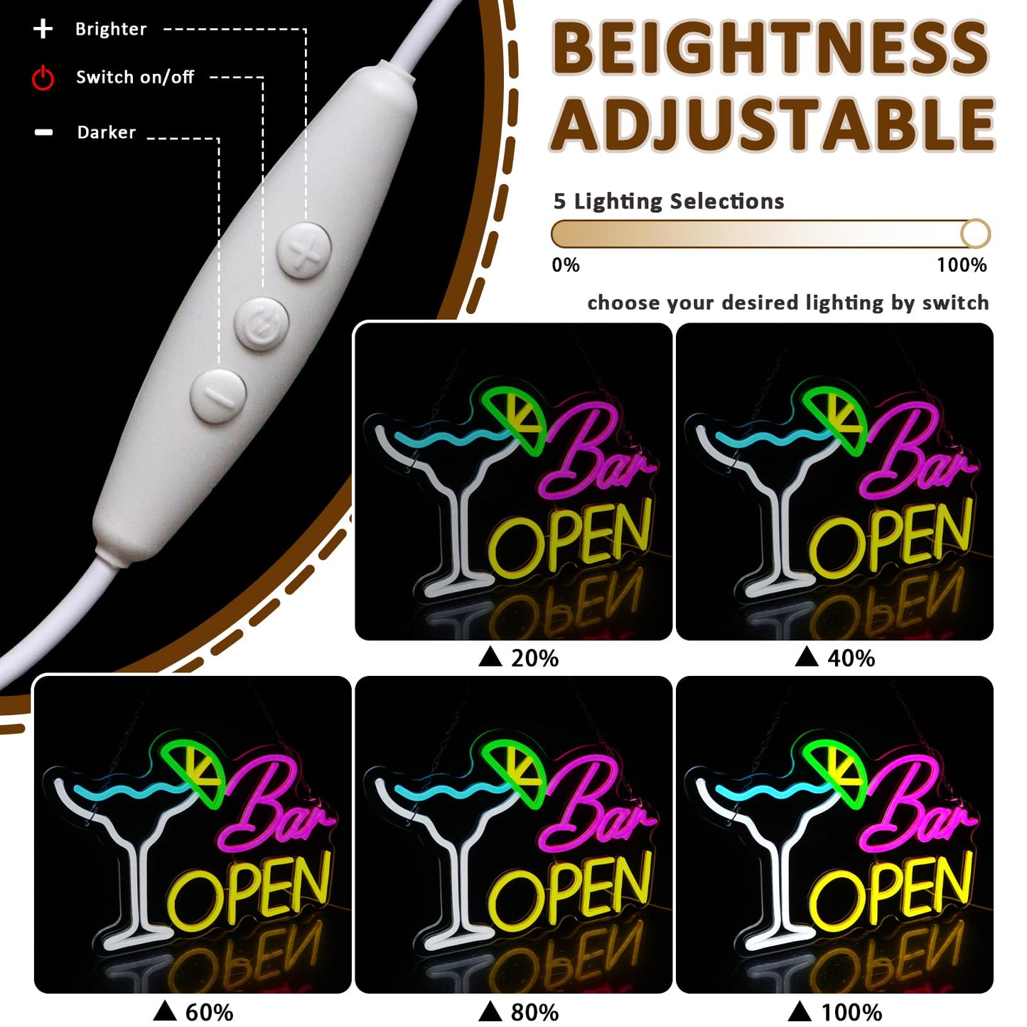 PMCVYH Bar Open Sign for Business, Neon Open Sign, USB Dimmable Cocktails Neon Lights for Beer Bar Coffee Cafe Home Pub Man Cave Stores Hotel Party Window Wall Decor Restaurant