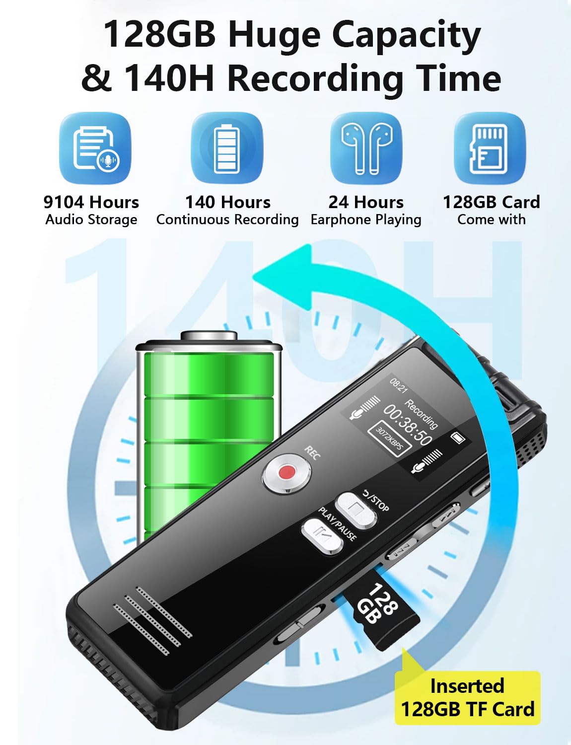 128GB Digital Voice Recorder With Playback - 3072 Kbps HD Voice-Activated Recording and Noise-Canceling, Audio Device for Lectures Meetings, A-B Repeat, MP3 Player