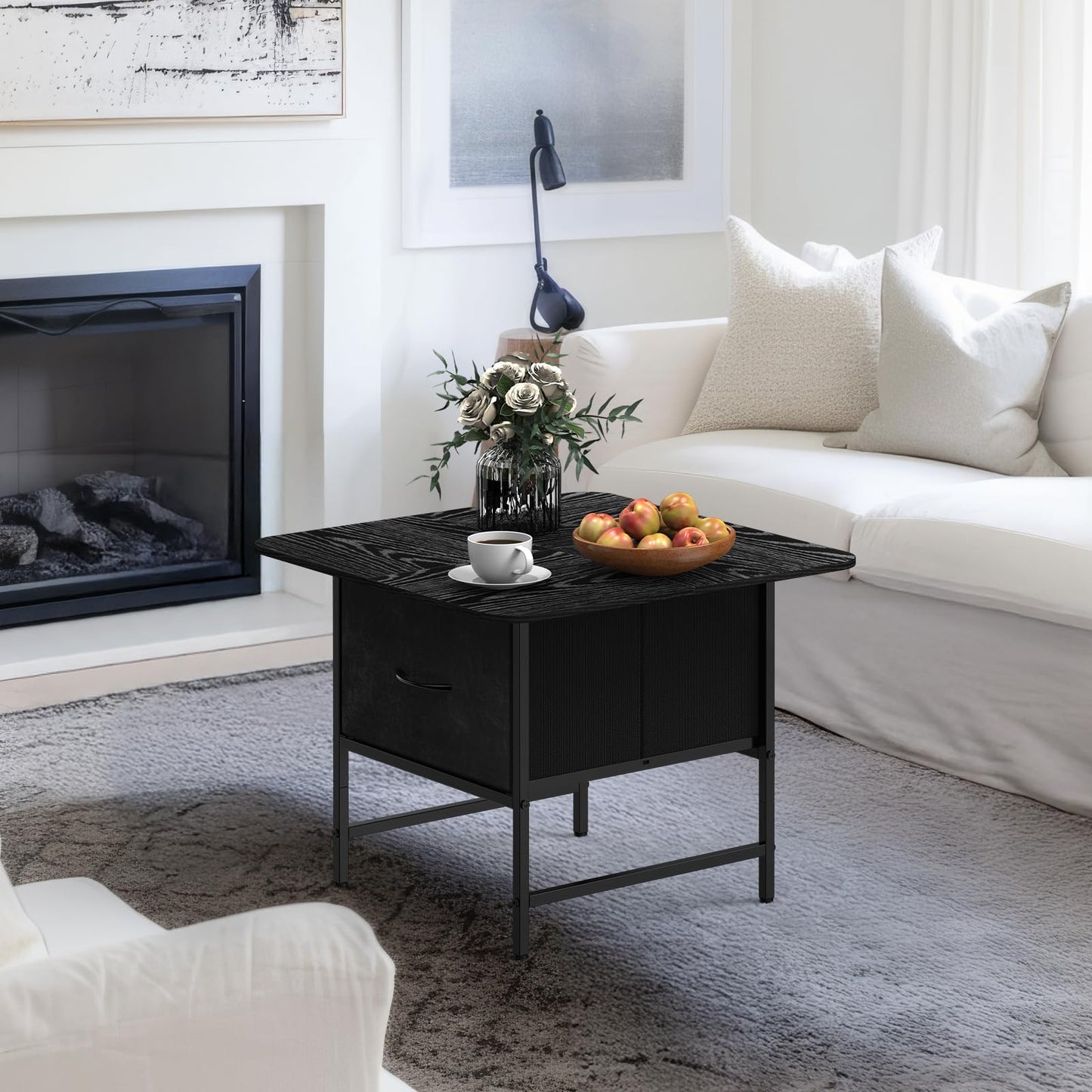 Shinoske Square Coffee Table with Storage Drawer,Small Black Coffee Tables for Living Room,2-Tier Farmhouse Center Table with Round Corners for Small Space,Apartment,Office