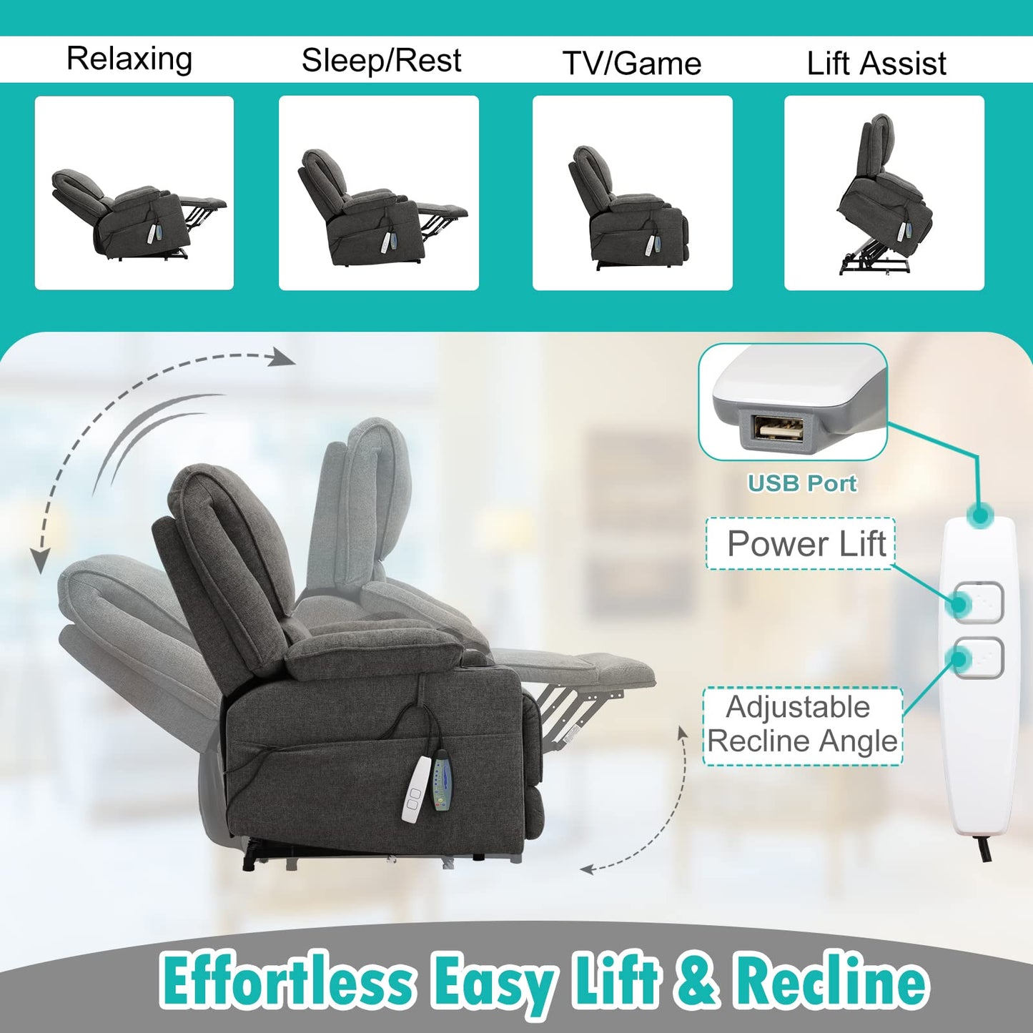 KIGOTY Power Lift Recliner Chair with Massage and Heat for Elderly, Recliner Chairs for Adults, Recliner Massage Chair with Remote Controls,Cup Holders, USB Port (Dark Grey, 33" Wide)
