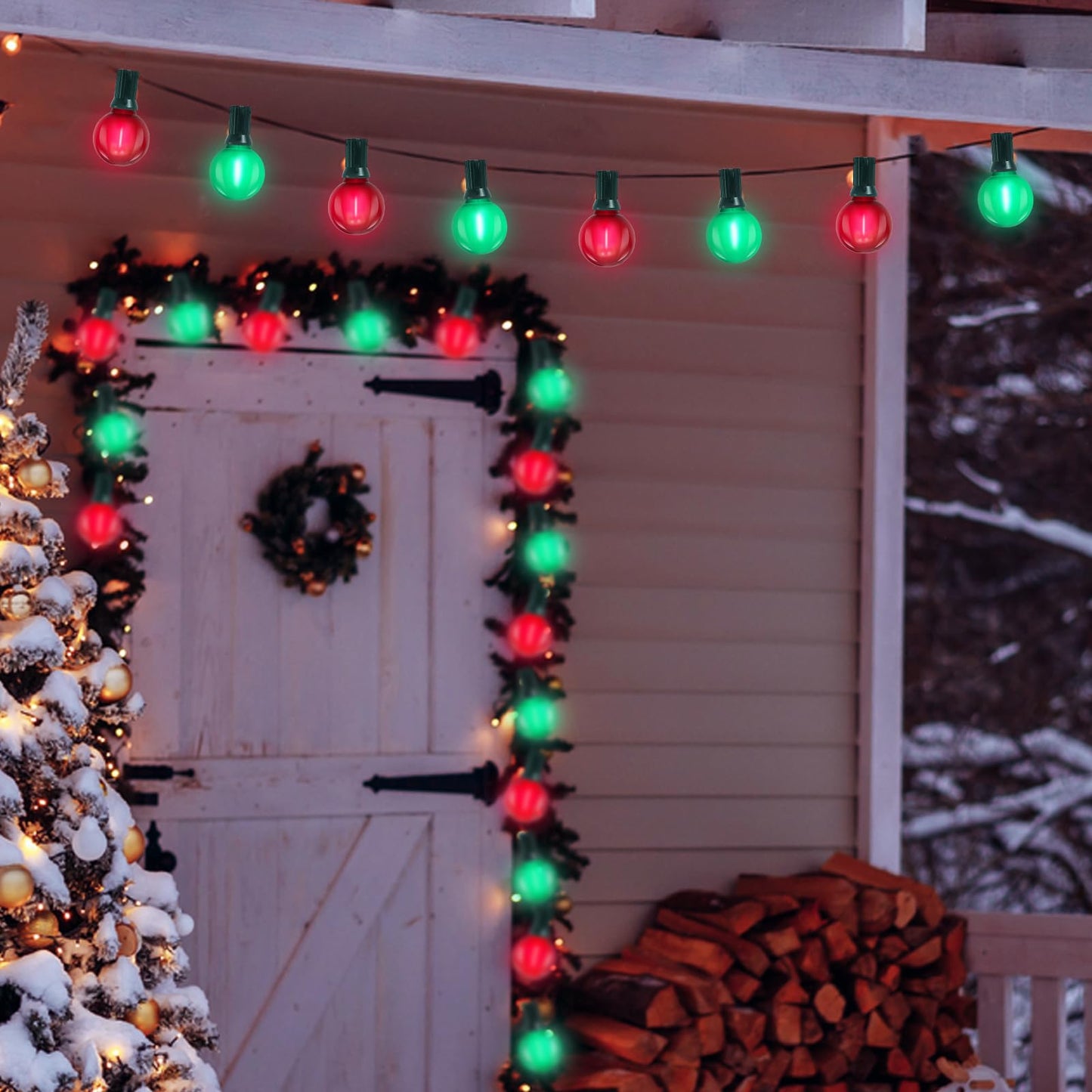 G40 LED Outdoor Christmas String Lights 50FT Hanging Globe String Light with 27 LED Shatterproof Frosted Red Green Lights(2 Spare), Waterproof Patio String Lights for Balcony Backyard Pergola Decor