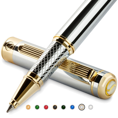 Scriveiner Black Lacquer Rollerball Pen - Stunning Luxury Pen, Real Gold Plating, Schmidt Ink Refill, Best Roller Ball Gift Set for Men & Women, Professional, Executive Office, Nice Pens