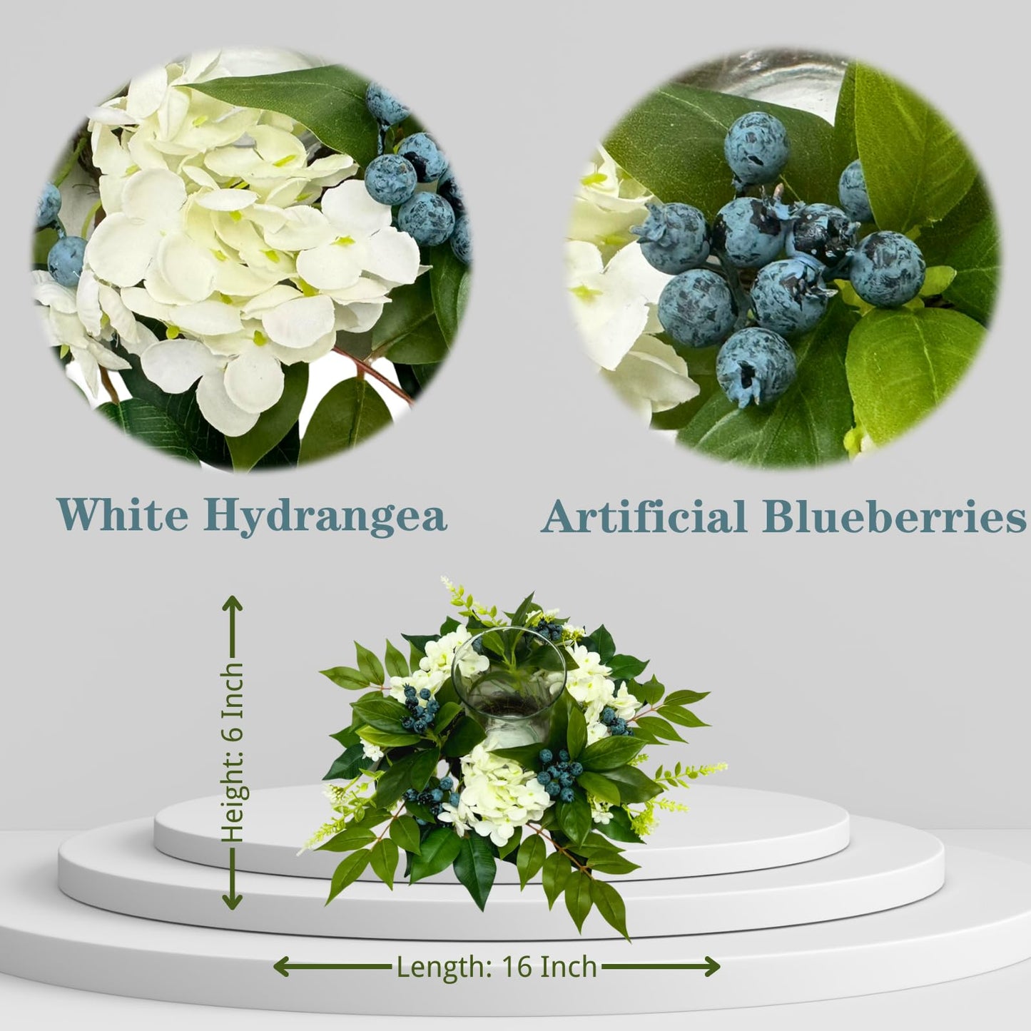 All Season Floral Arrangement Centerpiece for Table Glass Candle Holders with Artificial Hydrangea Flowers Blueberry Eucalyptus Leaves for Dining Room Indoor Outdoor Home Decor