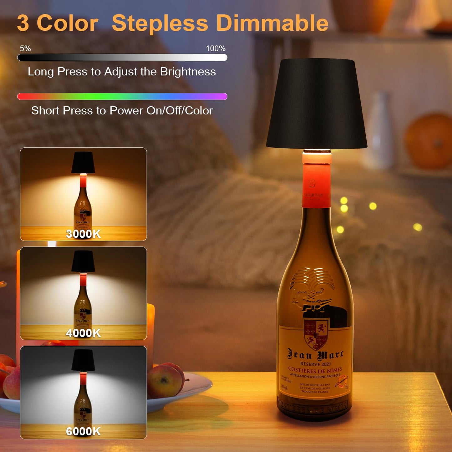 DUSKTEC Wireless Wine Bottle Lampshade, 8 RGB Light Modes, Light Temperature 3000-6500K, Rechargeable Touch Wine Bottle Lamp, Portable Wireless Bottle Lamp, Bar Lights, Party, Gift (Black, 2PCS)