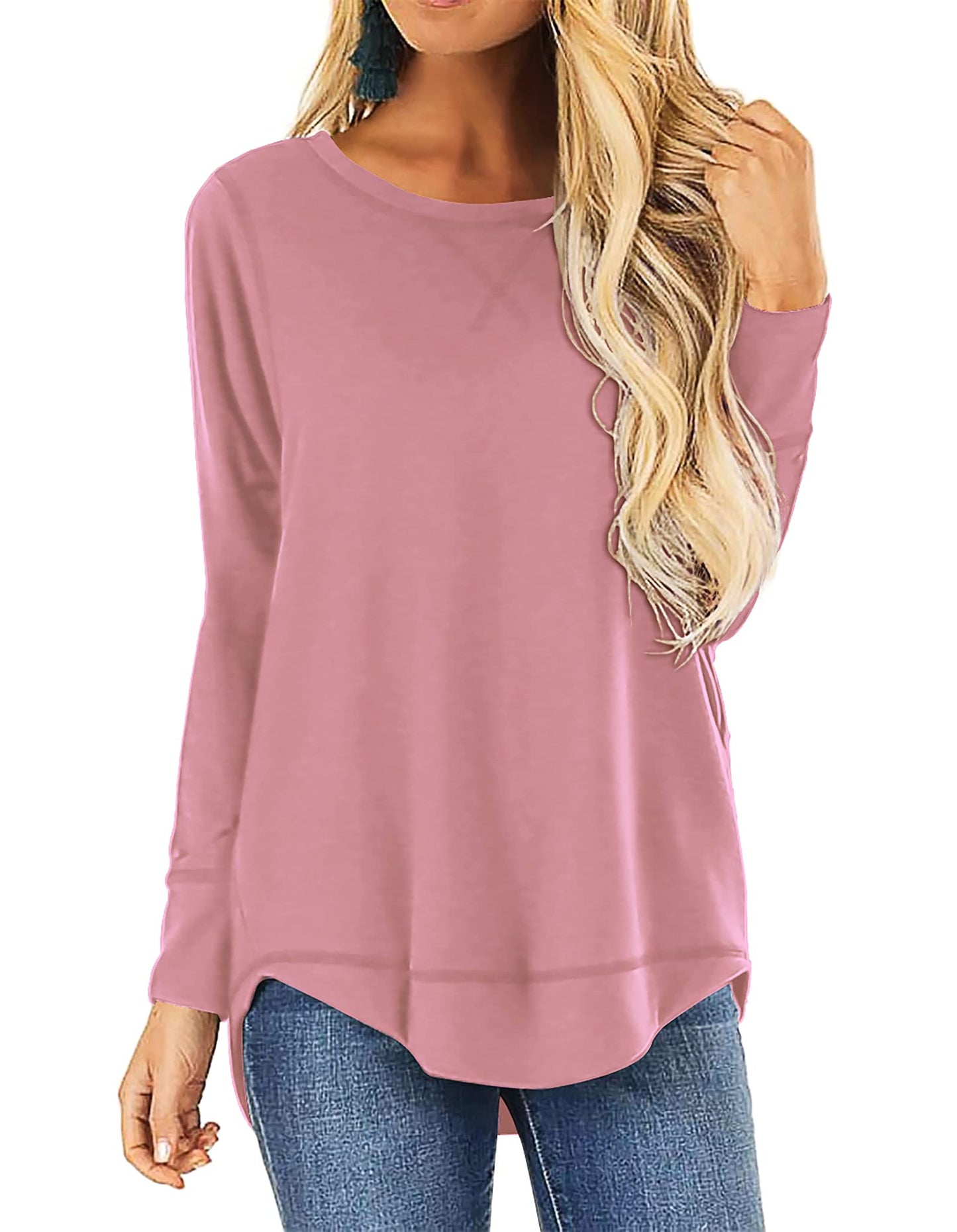 HIYIYEZI Women's Casual Long Sleeve Round Neck Loose Tunic T Shirt Blouse Tops (X-Large,Dusty Pink)