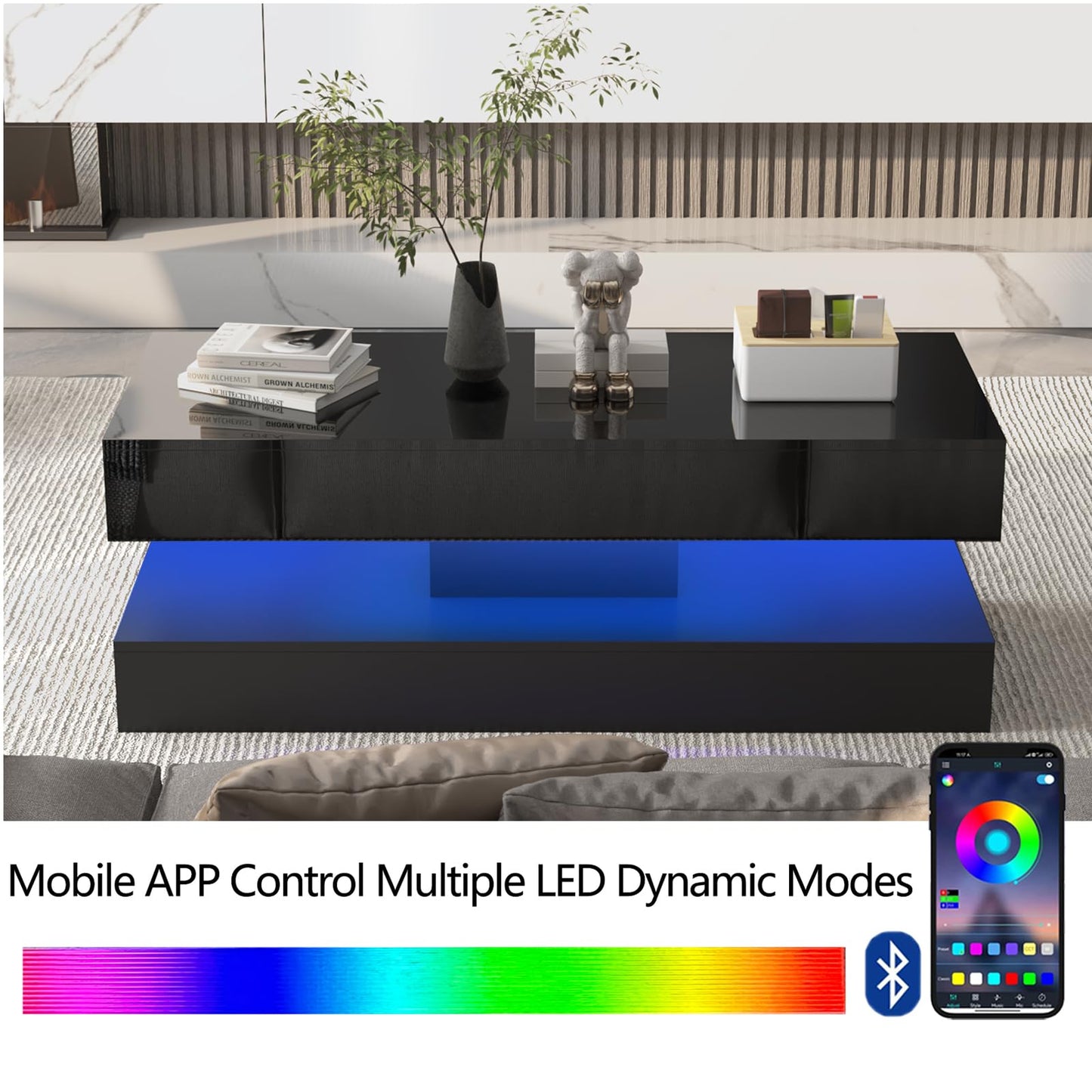 Uspeedy 47.3IN High Glossy LED Coffee Table,Modern Coffee Tables for Living Room,Living Rooms Tables,Large Living Room Furniture,APP LED Lights,Black/White Coffee Table for Livings Room (Black)