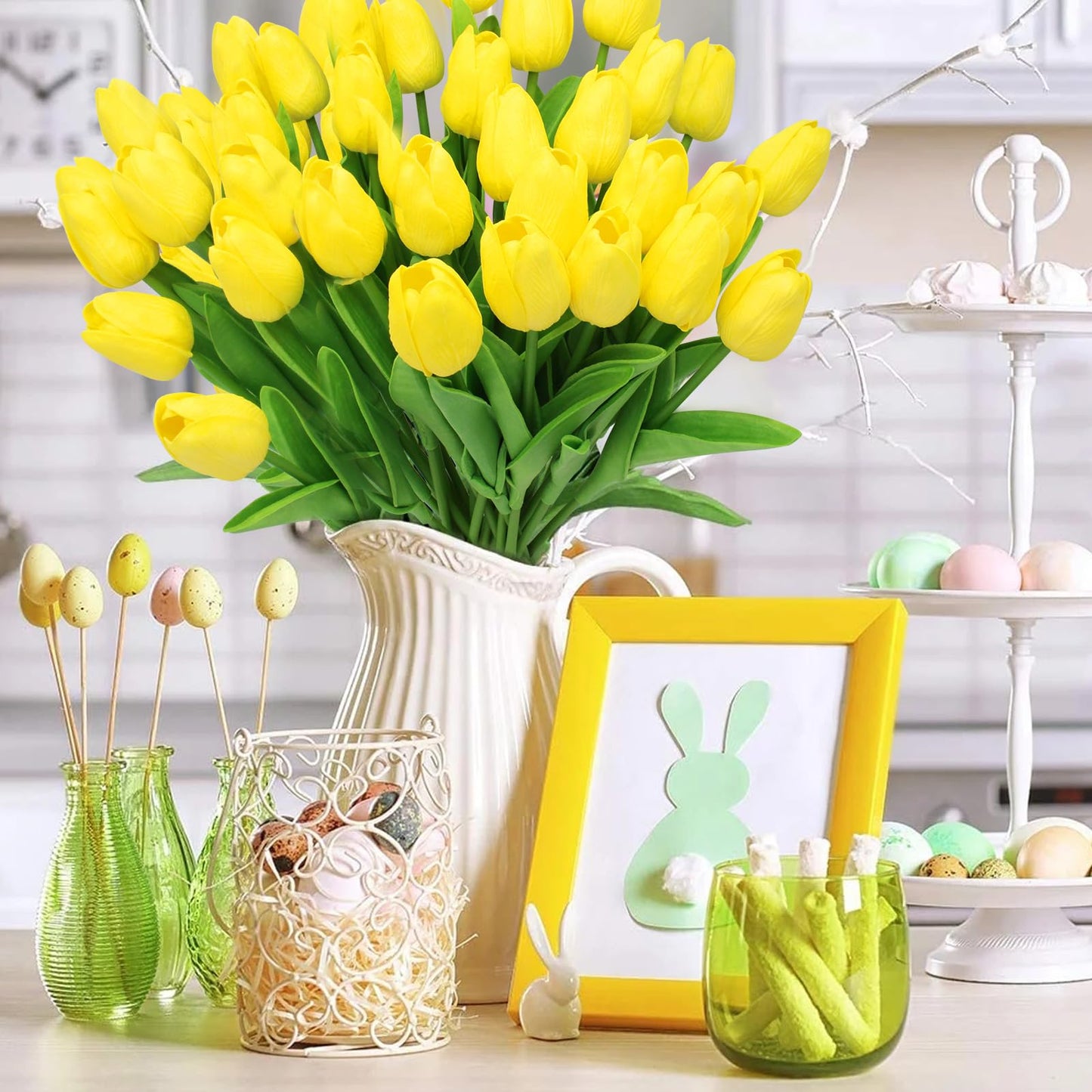 28pcs Yellow Flowers Artificial Tulip Stems Real Feel PU Tulips for Easter Spring Wreath Wedding Bouquet Centerpiece Floral Arrangement Cemetery Table Décor 13" Tall
