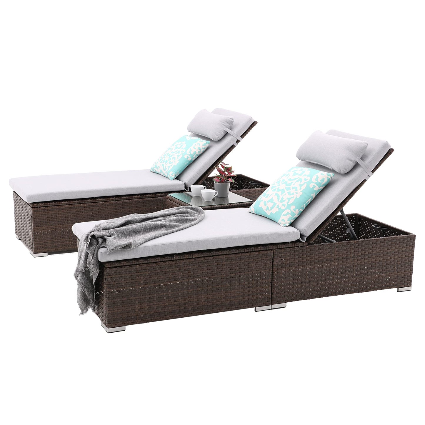 iArtHand 3 Pcs Patio Chaise Lounge with Coffee Table Cushion&Pillow Outdoor Lounge Chair Chaise Lounger Patio Reclining Chair 5 Angle Adjustment Brown Rattan for Courtyards Poolside Garden