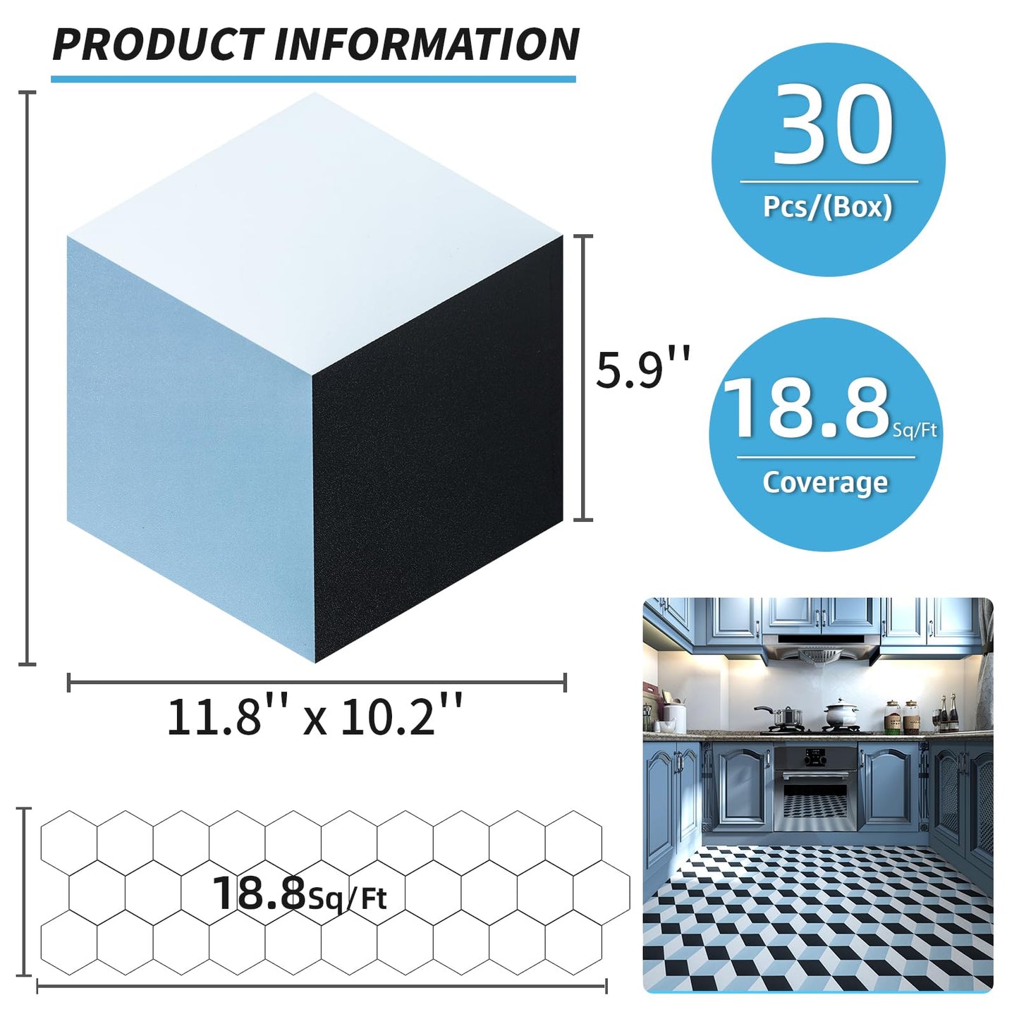 Art3d 30-Pack Hexagon Peel and Stick Flooring Tile, Self Adhesive Waterproof Vinyl Floor Tile for Kitchen Bathroom Living Room Bedroom, 11.8" x 10.2" Blue/Black/White
