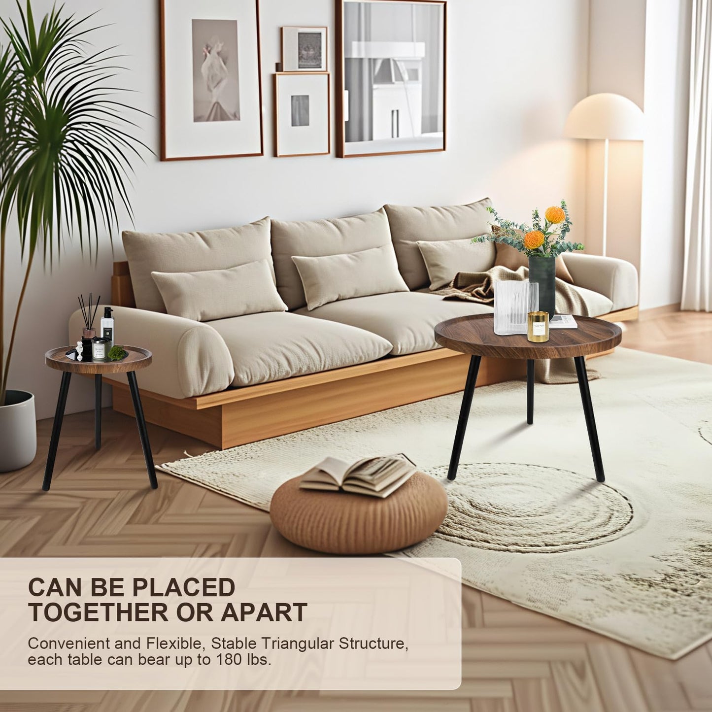 Nesting Coffee Table Set of 2, Modern Round Coffee Tables Nesting Side Table Set, Easy Assembly Nesting Tables for Living Room, Walnut Wood End Tables for Home Office Yard