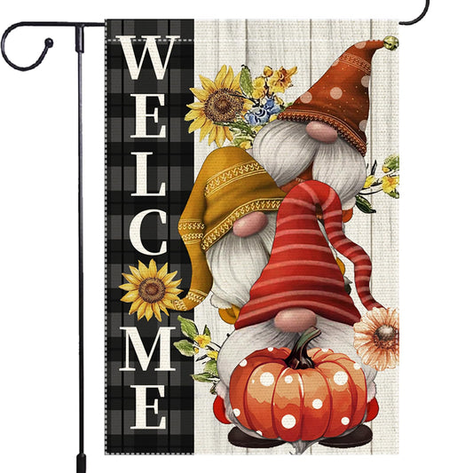 Welcome Pumpkin Fall Garden Flags Polka Dots Gnome Garden Flag Double Sided Burlap Autumn Holiday Maple Leaf Yard Outside Patio Lawn Decorations 12x18 Inch