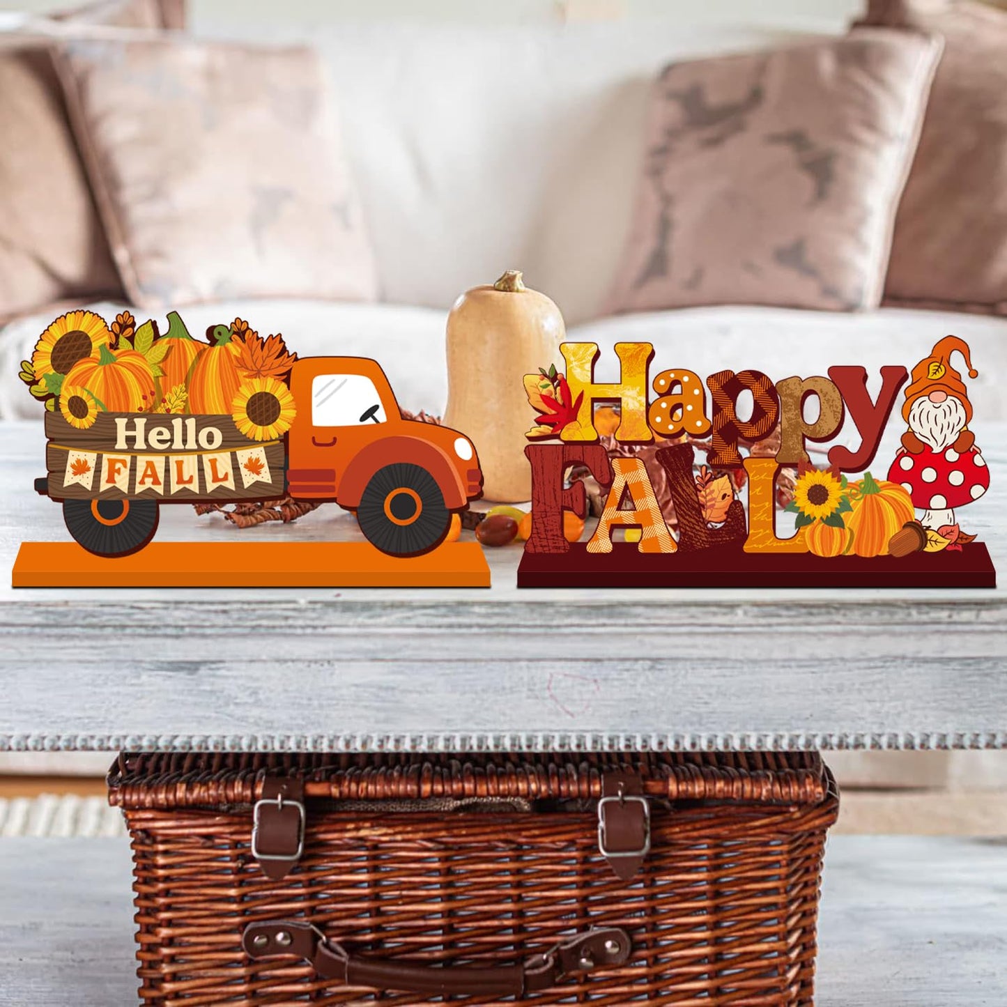 CHYAGCLT 4Pcs Fall Decorations, Autumn Wooden Table Centerpieces Pumpkin Truck Sunflower Maple Gnomes Style Fall Table Decor for Autumn Harvest Thanksgiving Decorations