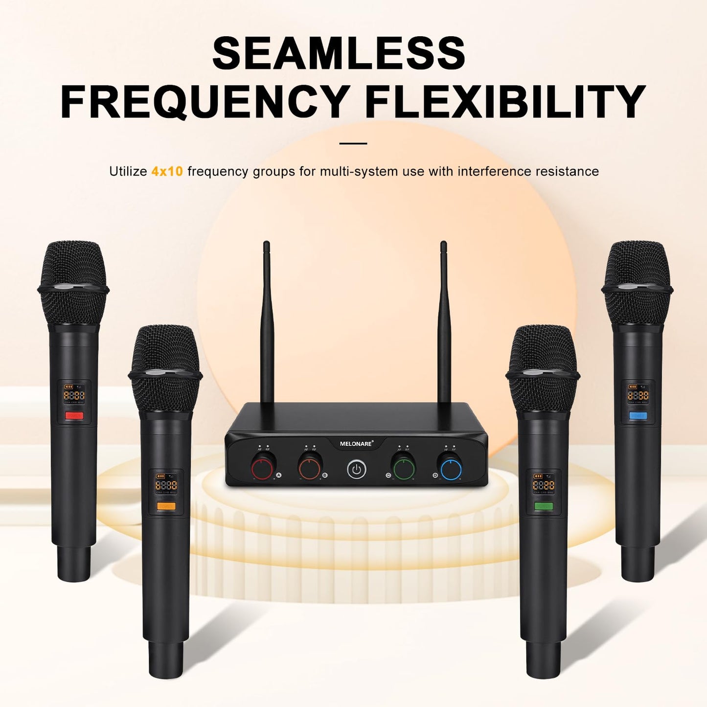 MELONARE 4-Channel Wireless Microphone System, UHF Compact Cordless Mic Set w/ 4x10 Frequencies, 200ft Range, Dynamic Handheld Microphone for Singing, Karaoke, Church, DJ, Wedding (MWM-41-4H)
