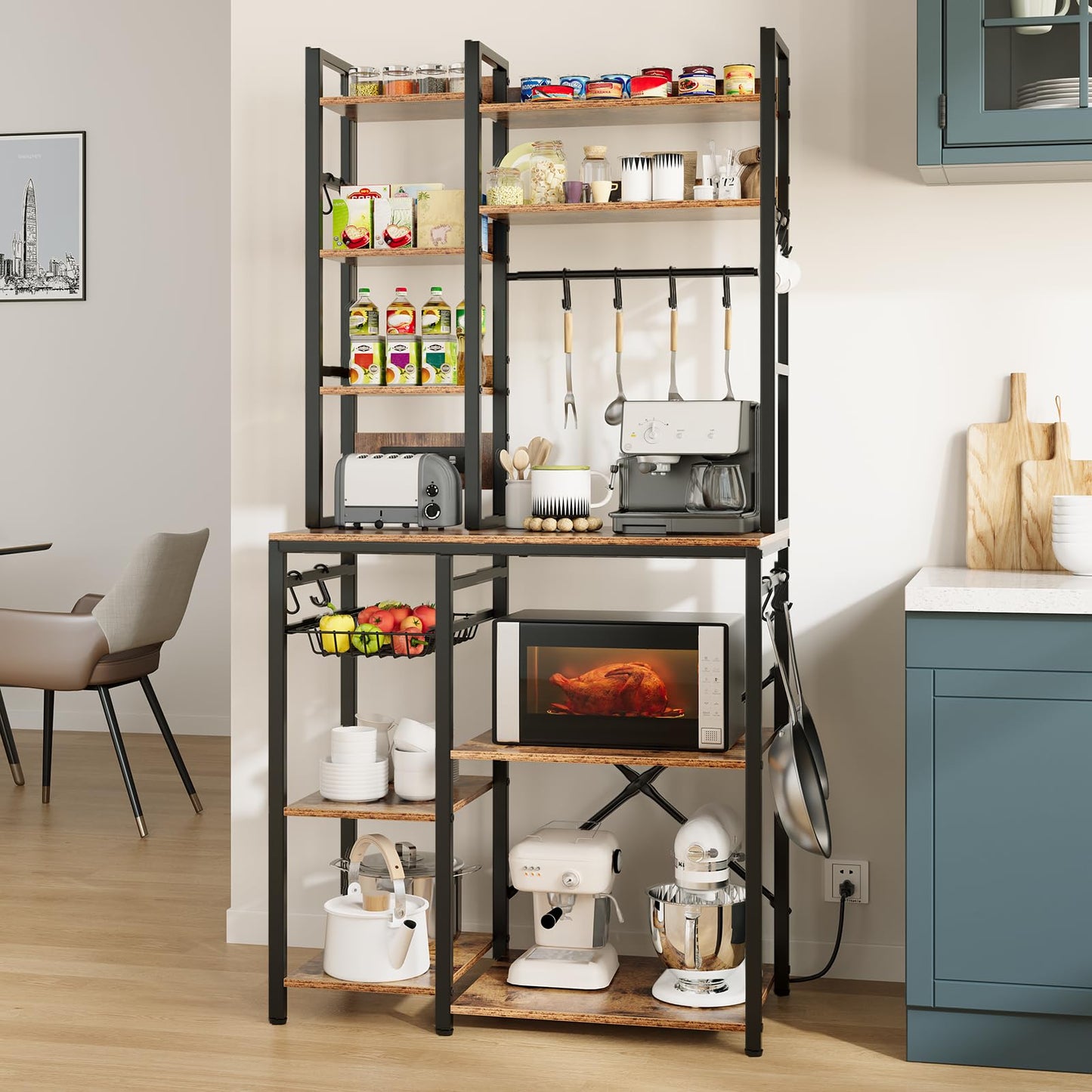 Airynee Bakers Rack with Power Outlet, 7-Tier Microwave Stand, Large Coffee Bar Stand with 12 Hooks & Wire Basket, Metal Kitchen Shelf Organizer for Pots, Spices, Easy Assembly, Rustic Brown