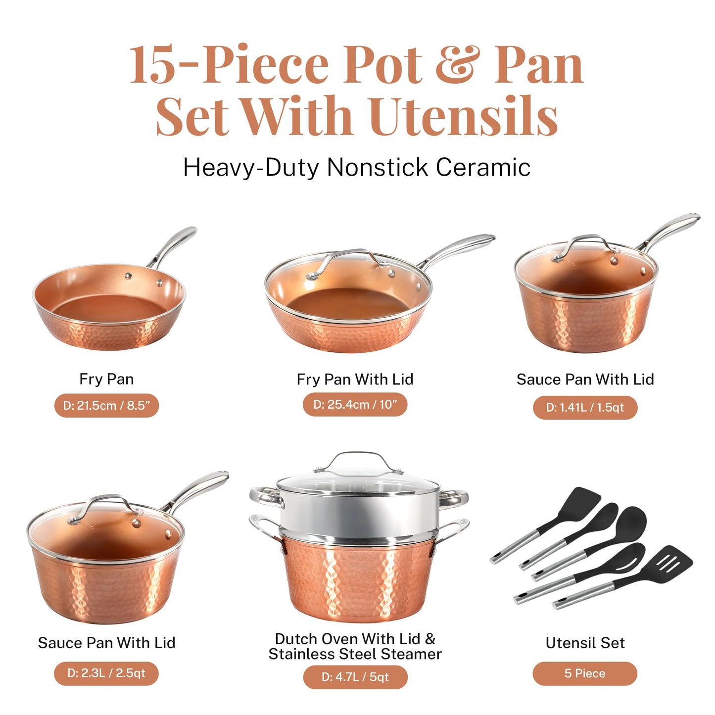 Gotham Steel Hammered 15 Pc Ceramic Cookware Set Nonstick, Deep Copper Pots and Pans Set Non Stick with Induction Cookware, Cooking Utensils & Steamer, Non Toxic PFOA PFOS Free, Oven & Dishwasher Safe